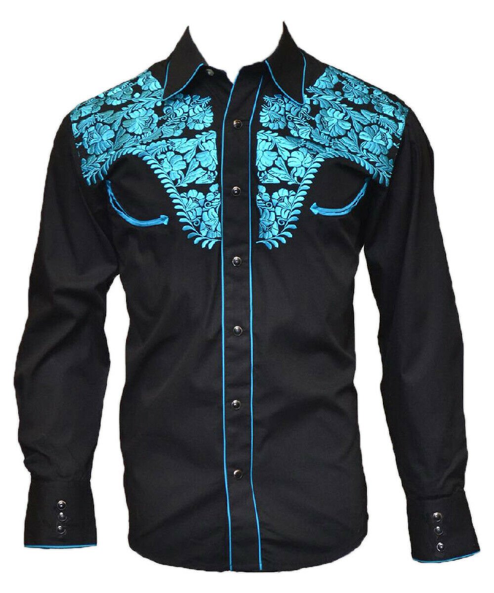 Men's Tooled Black Western Shirts with Blue Embroidery | eBay