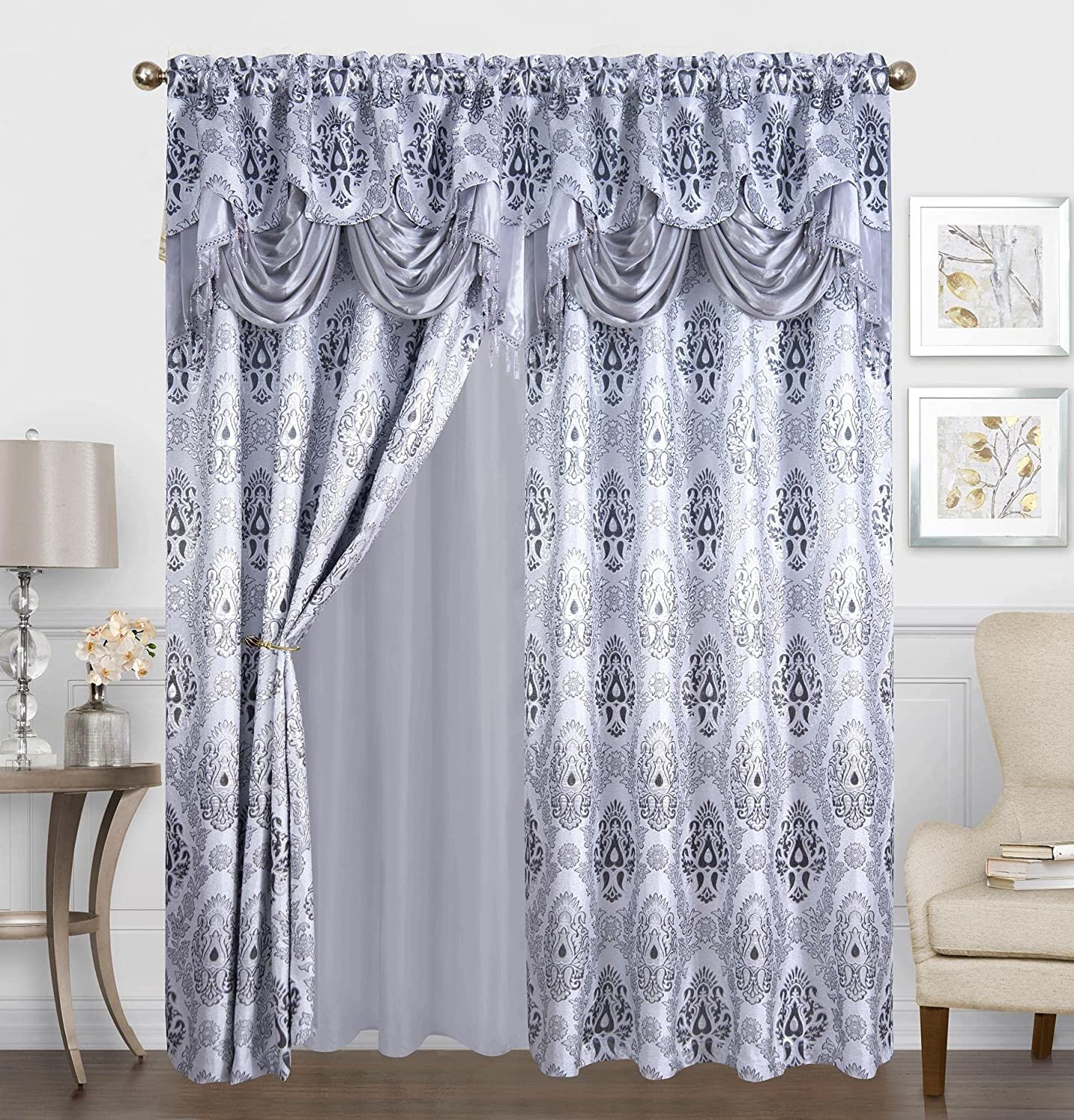 Sapphire Home Shiny Jacquard Curtain Drape Set 2 Panels 95-Inch 