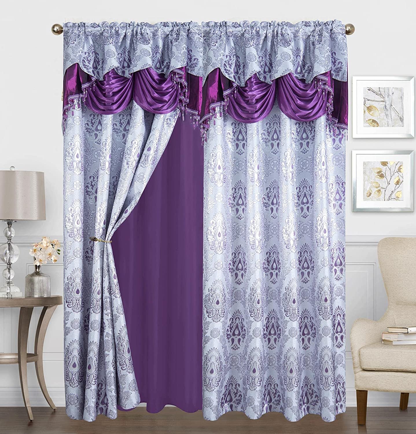 Sapphire Home Shiny Jacquard Curtain Drape Set 2 Panels 95-Inch 