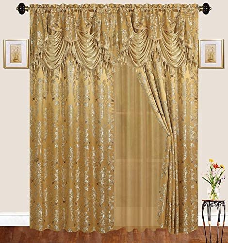 Dining Room or Bedroom New # Nina Fancy Linen 2 Panel Rod Pocket Curtain Drapes Embroidery Modern Jacquard Curtain Set with Attached Sheer Backing Valance and Tassels for Living Room Burgundy 