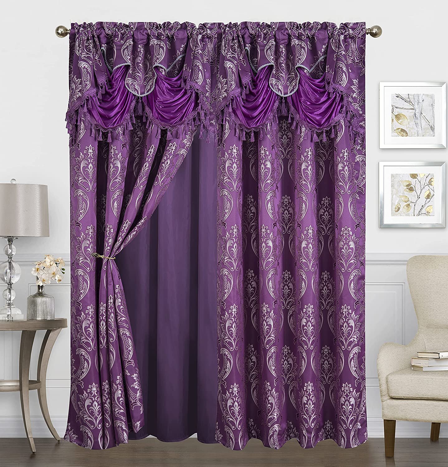 Jacquard Curtain Drape Set (2 Panels), attached Valance, Sheer Backing, 2  Tassel