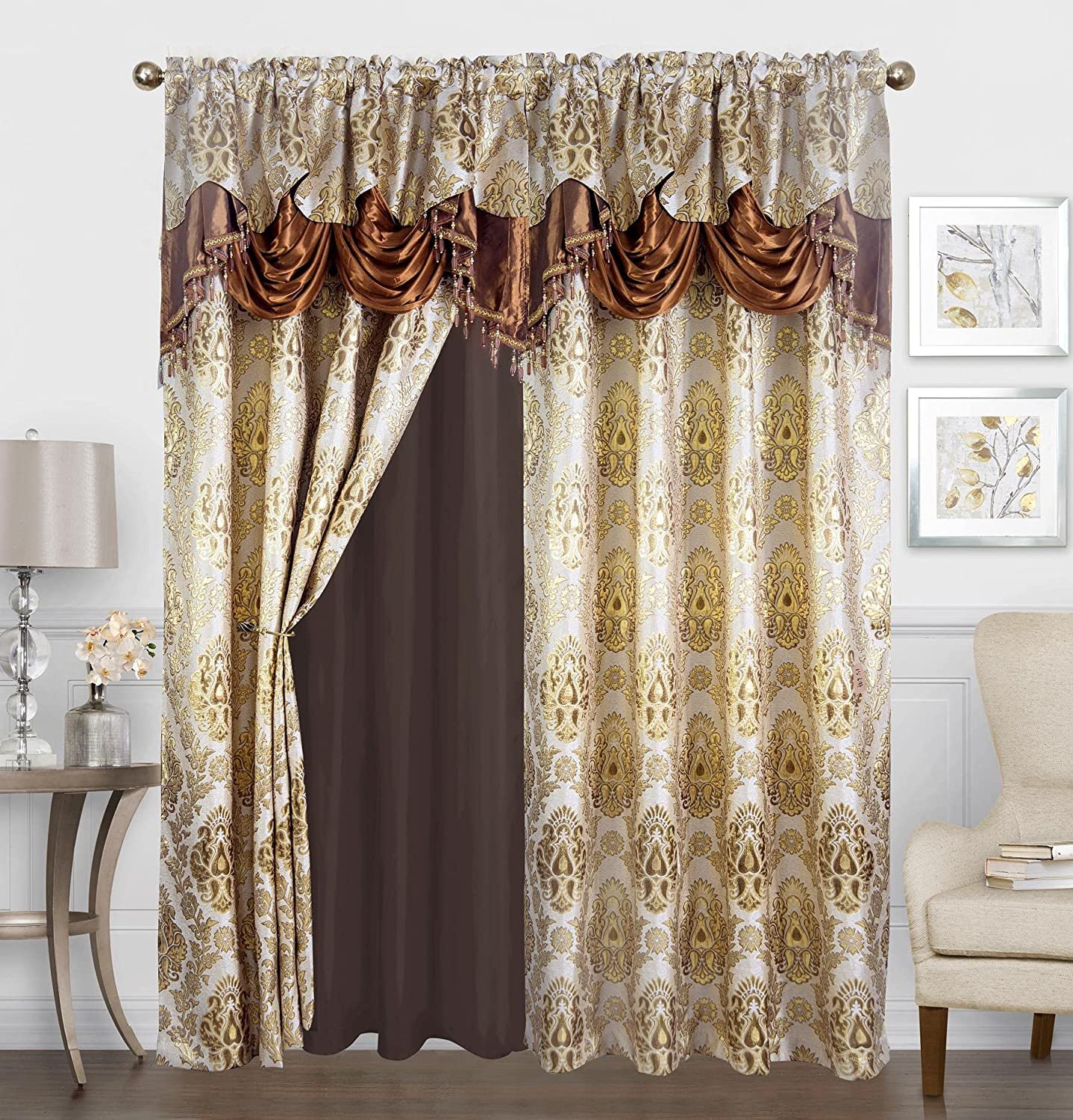 Sapphire Home Shiny Jacquard Curtain Drape Set 2 Panels 95-Inch 