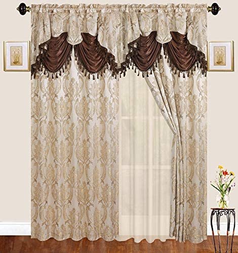 Dining Room or Bedroom New # Nina Fancy Linen 2 Panel Rod Pocket Curtain Drapes Embroidery Modern Jacquard Curtain Set with Attached Sheer Backing Valance and Tassels for Living Room Burgundy 