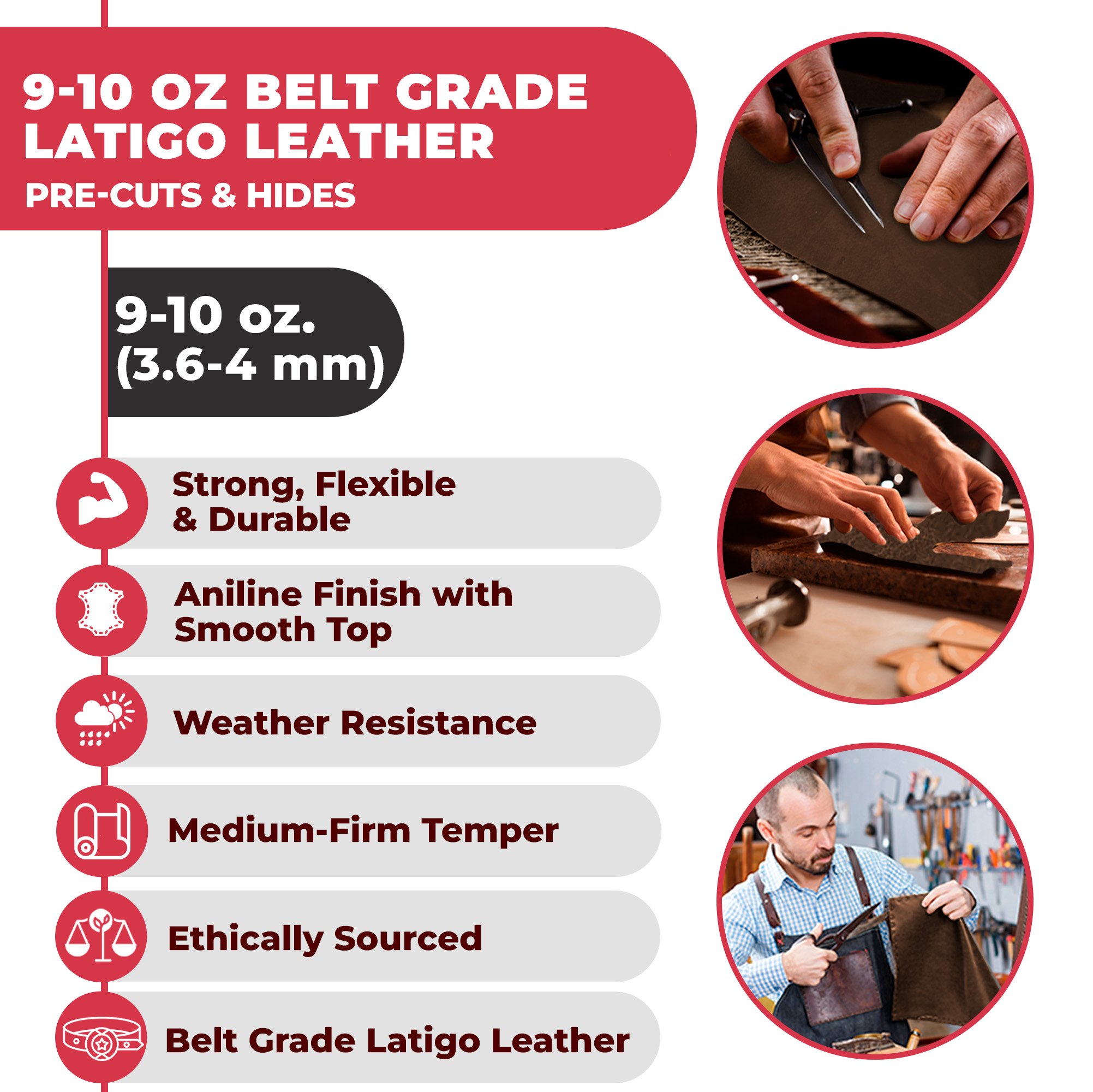 ELW 9-10 oz (3.6-4.0mm) Craftsmen's Grade Latigo Leather Pre-Cut Hides