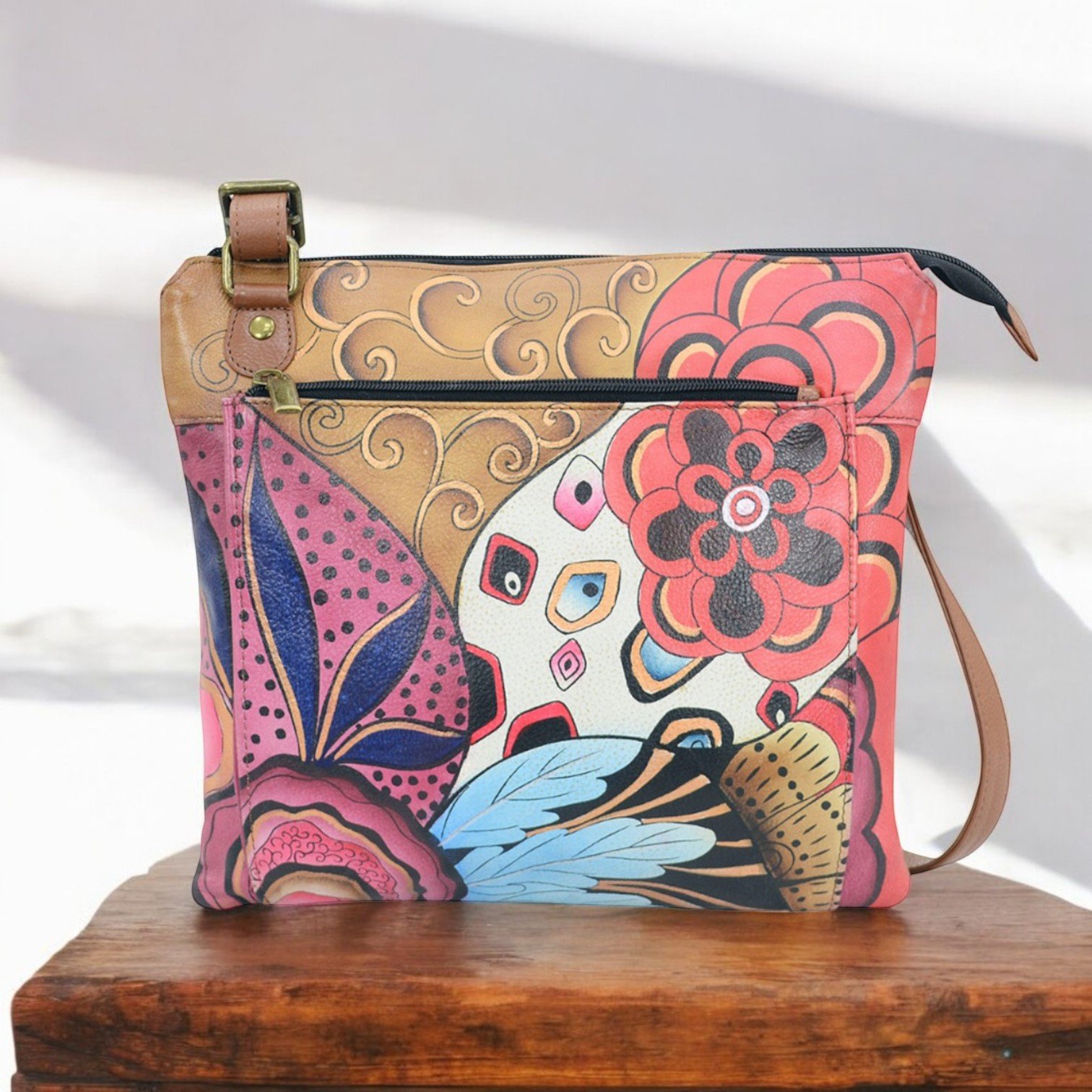 Anuschka Hand-Painted Leather Crossbody Organizer Bag - Butterfly Mosaic Design - View #6