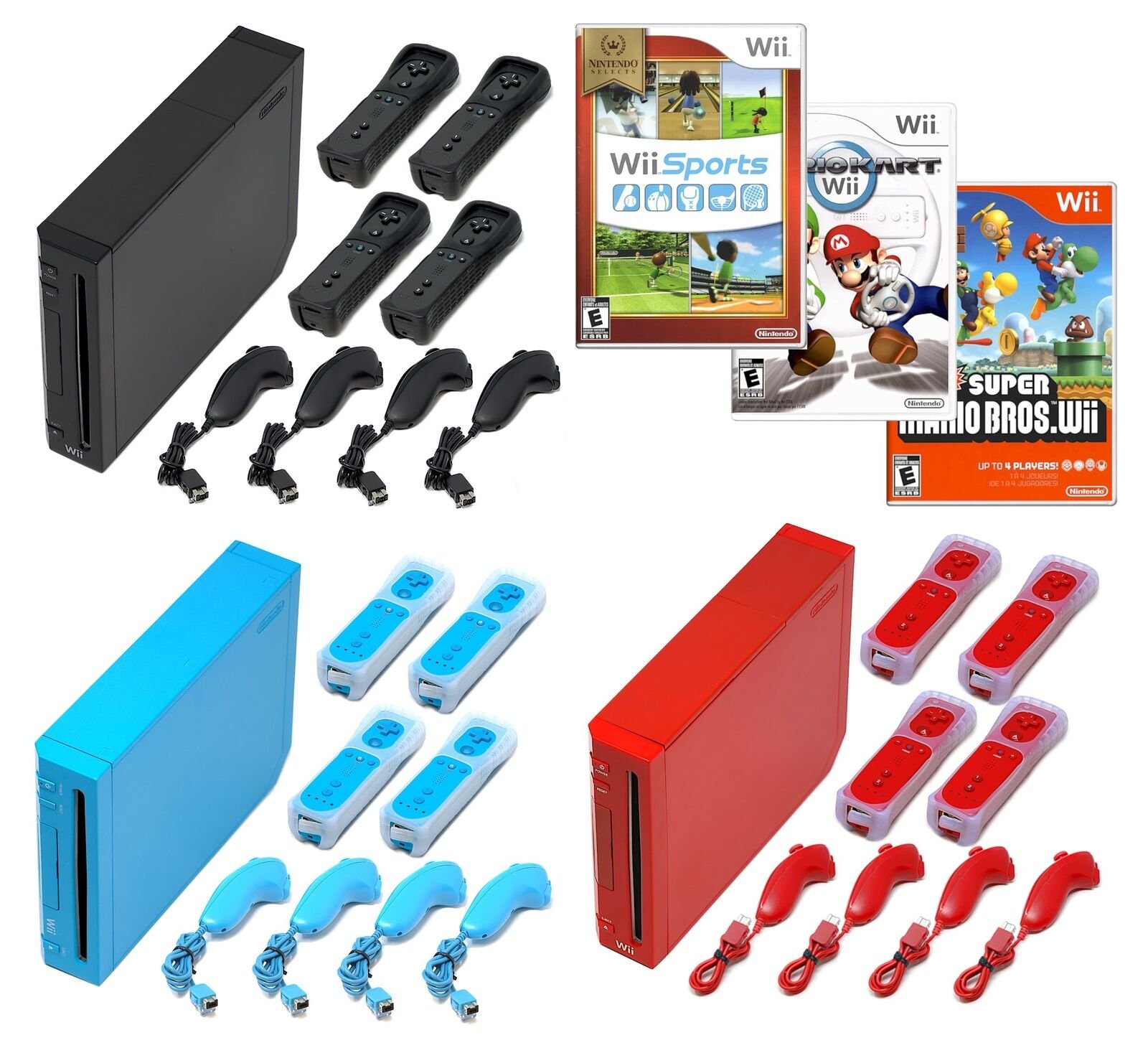 Nintendo Wii Game Console + Your Choice Black, Red or Blue + 1-4 Remotes + Wii Sports, Mario Kart or New Super Mario Bros!