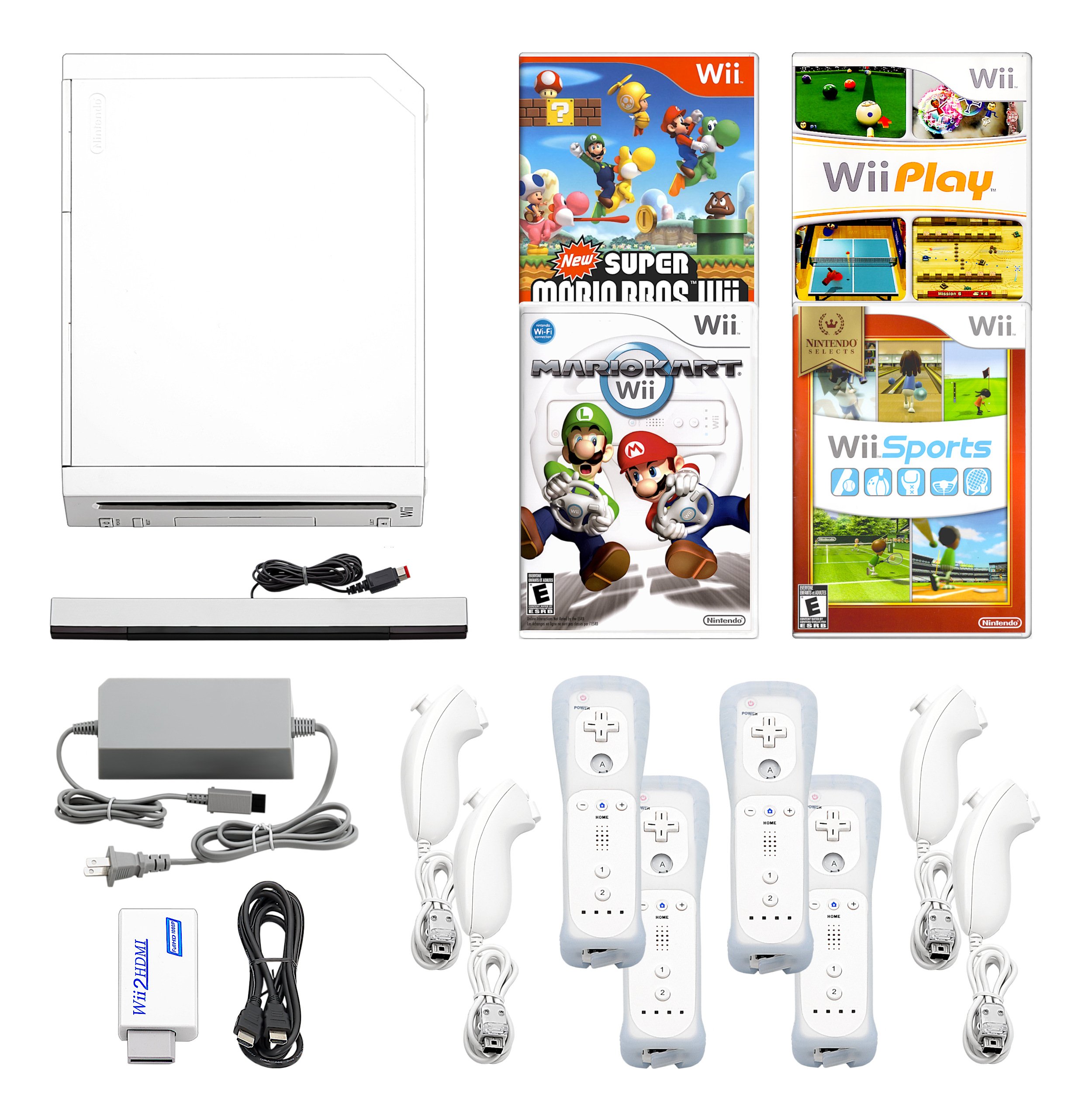 Nintendo Wii Console White + HDMI Adapter + Pick 1-4 Voomwa Remotes, Wii Sports, Mario Kart & More + US Seller