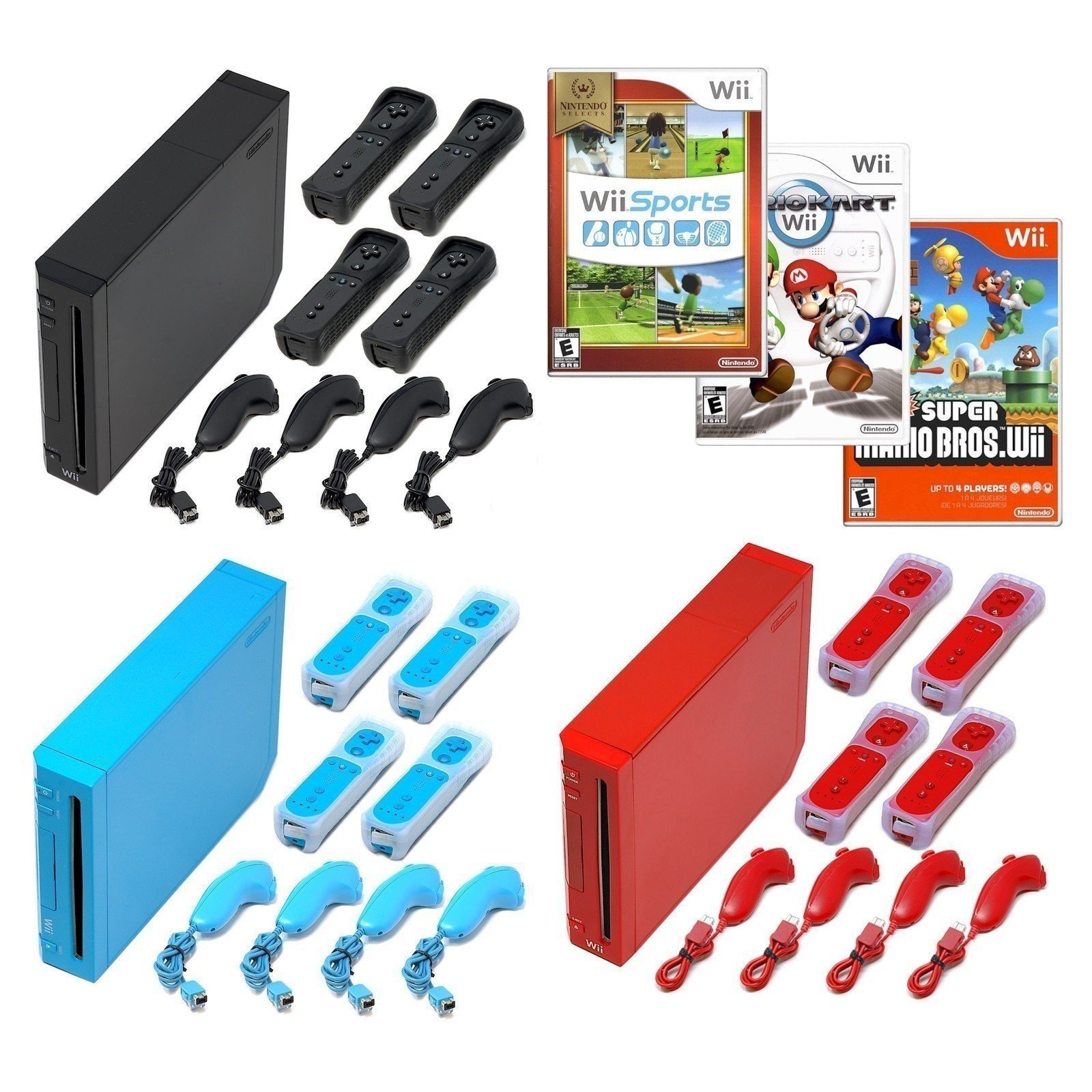 Nintendo Wii Game Console + Your Choice Black, Red or Blue + 1-4 Remotes + Wii Sports, Mario Kart or New Super Mario Bros!