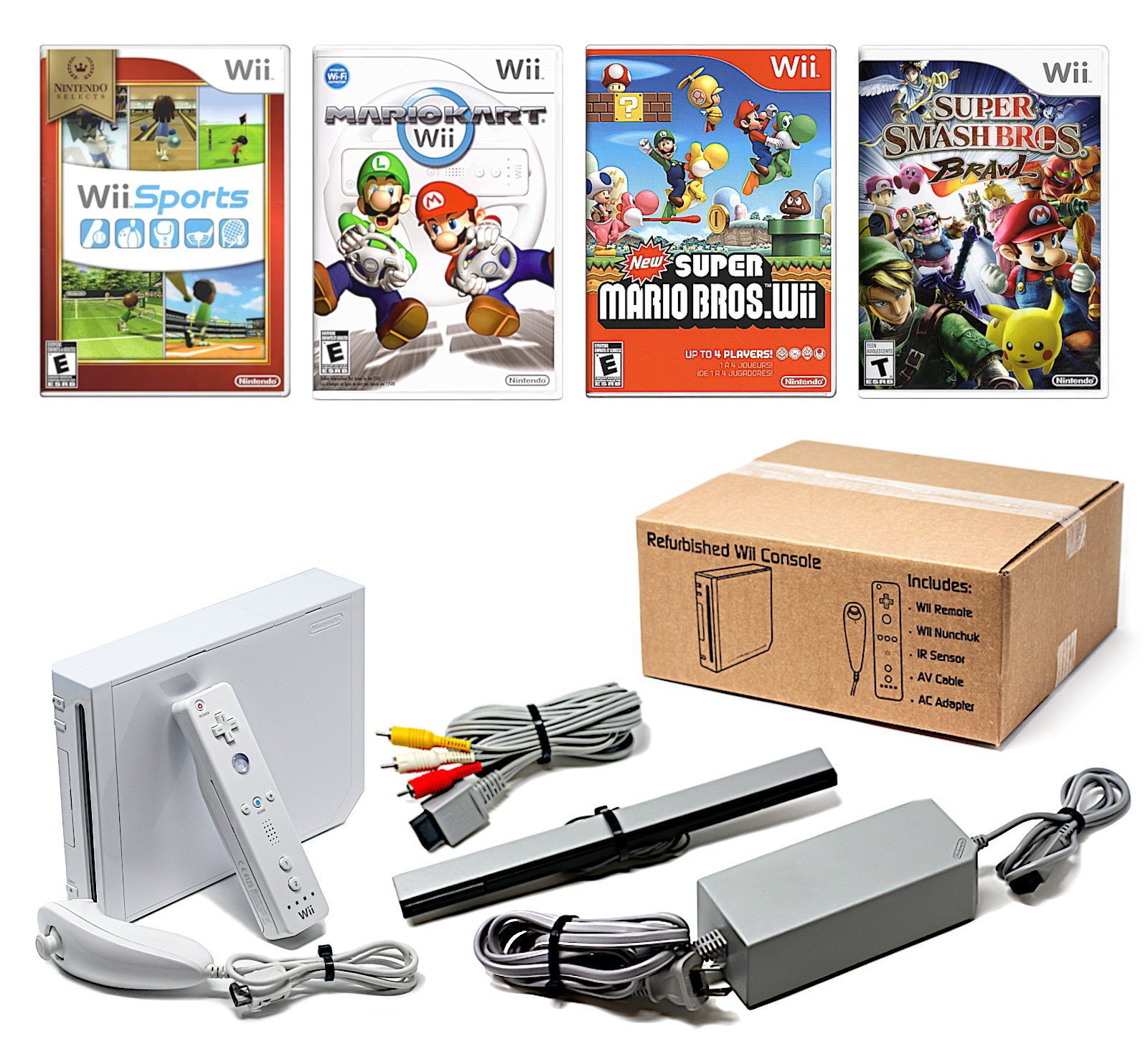 Authentic Wii Console System White + Pick Games, Controllers