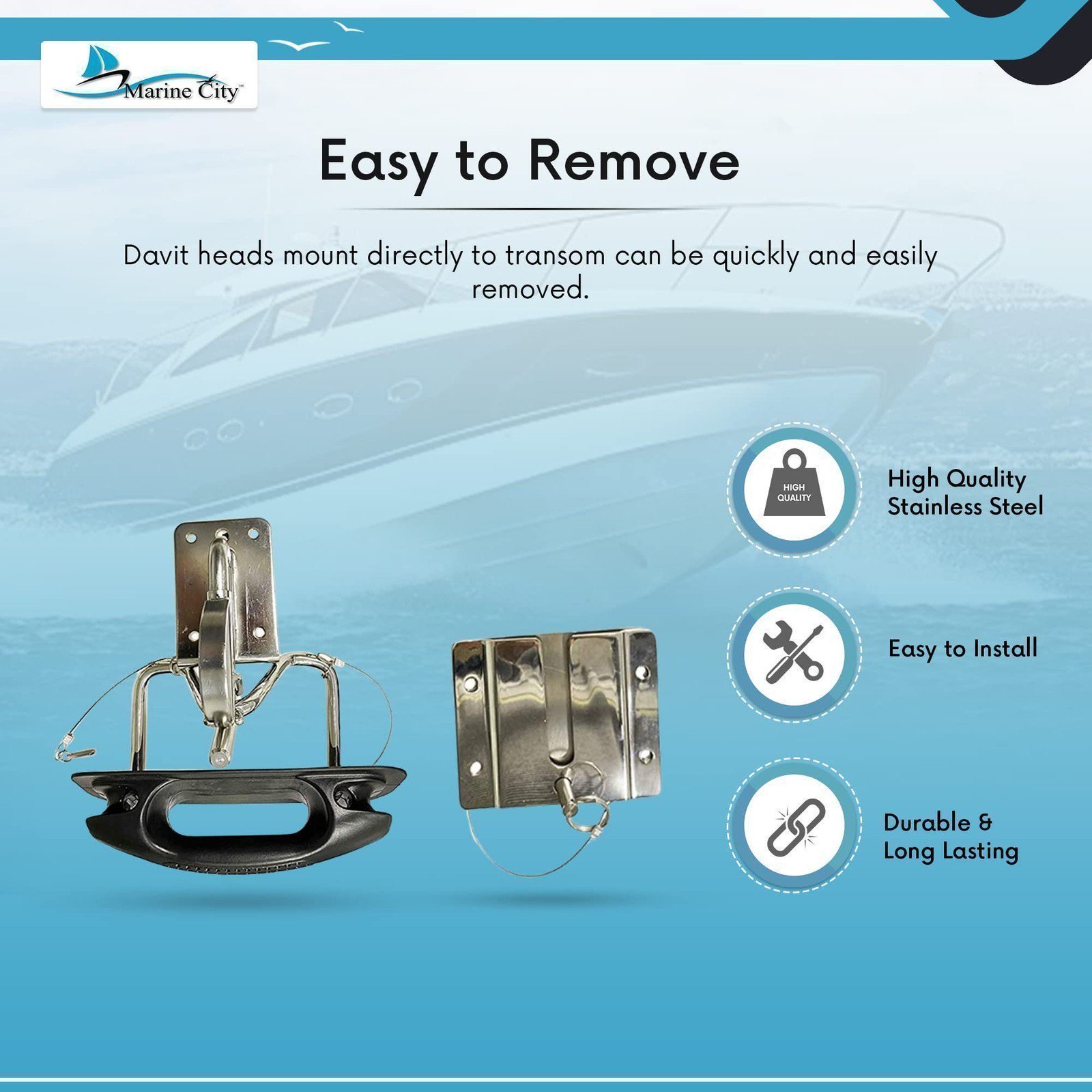 MARINE CITY Stainless Steel Quick Release Snap Davits Set with Black Handle Pad