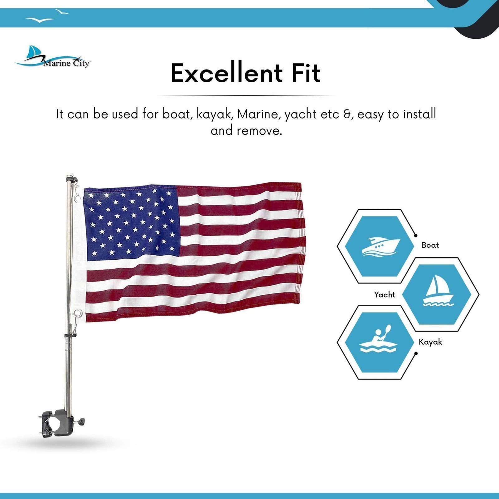 MARINE CITY 304 Stainless Steel Flag Pole Black Base 12x18&rdquo; Fits 7/8&rdquo;-1&rdquo; Tubes