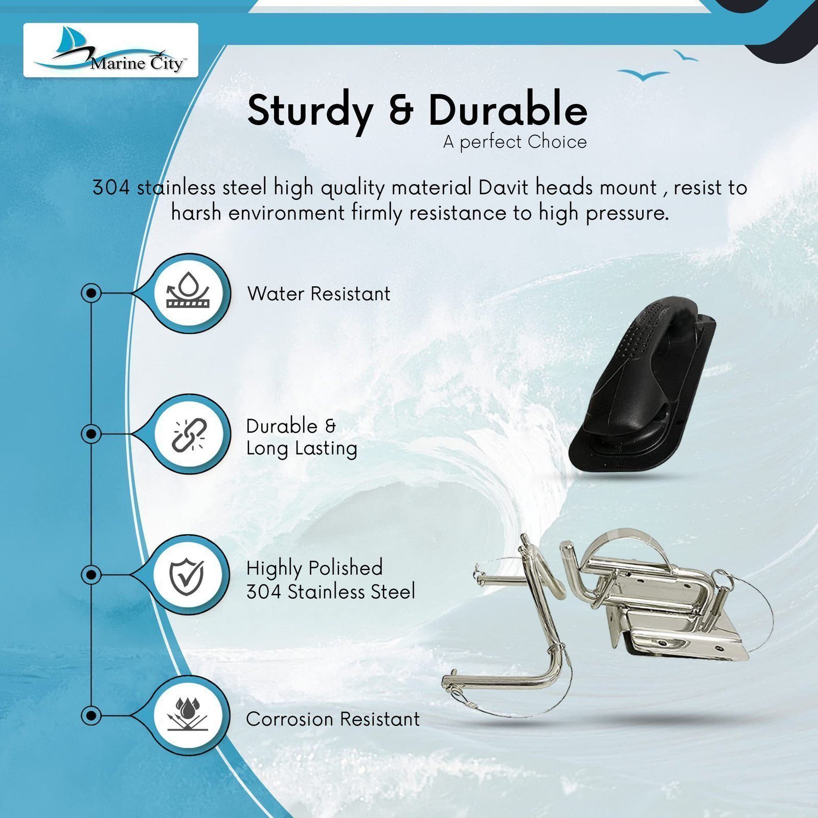 MARINE CITY Stainless Steel Quick Release Snap Davits Set with Black Handle Pad