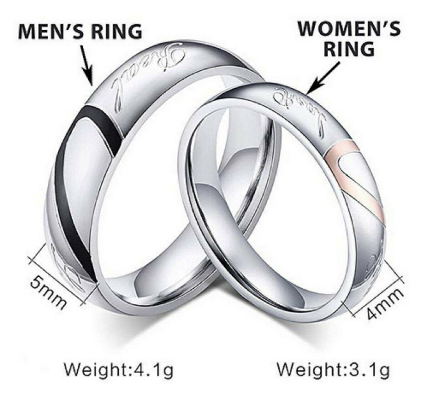 Stainless Steel Heart Couples Promise Engagement Ring " Real Love " Wedding Band 