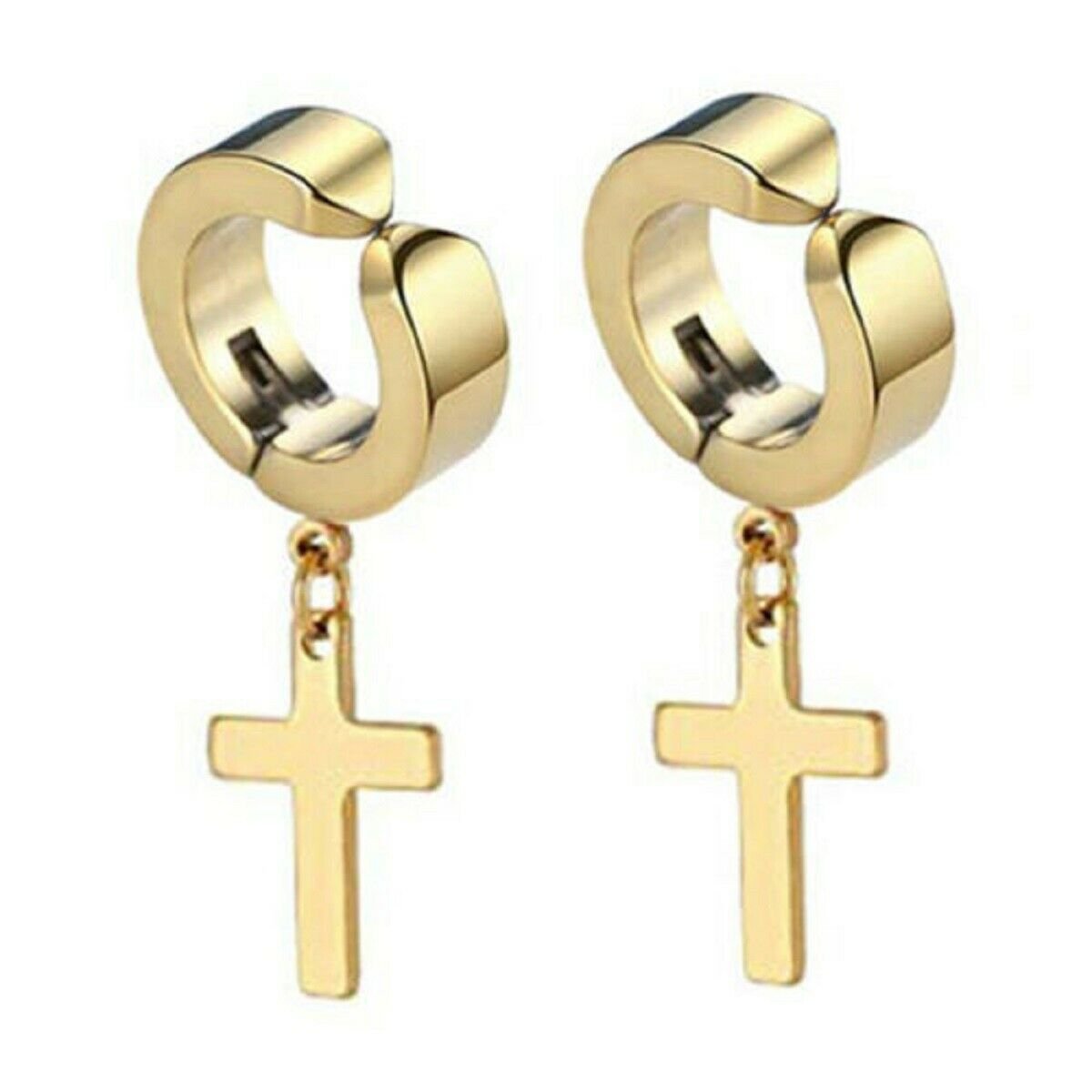Men Women Stainless Steel Cross Dangle Hoop Clip on Earrings Huggie Non-Piercing - Picture 9 of 10