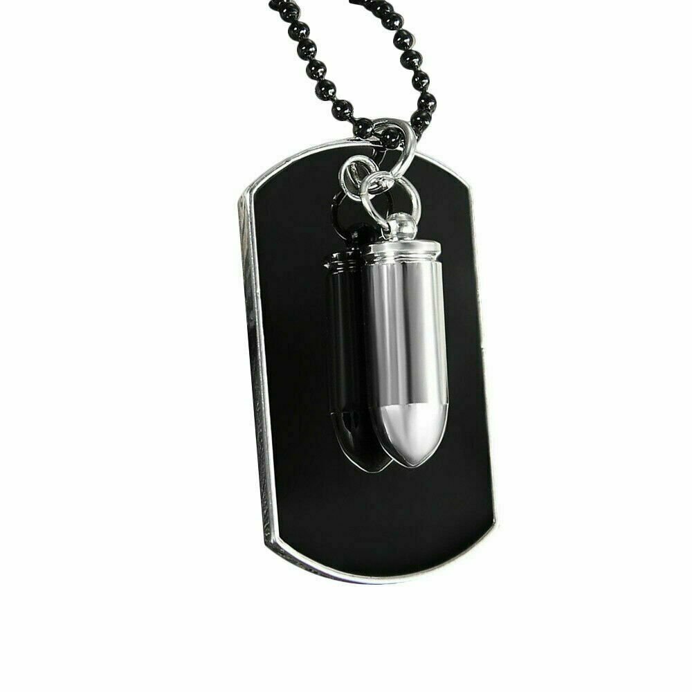 Men's Stainless Steel Black Bullet Dog Tag Pendant Necklace With Bead Chain FAST