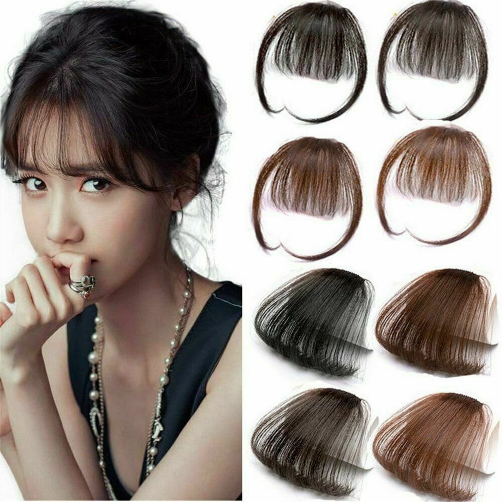 Thin Neat Air Bangs Remy Hair Extensions Clip in on Fringe Front Hairpiece US