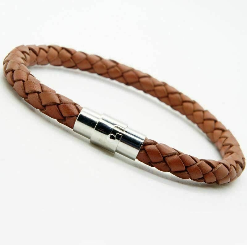 Men's Stainless Steel Leather Bracelet Magnetic Silver Clasp Bangle Brown 