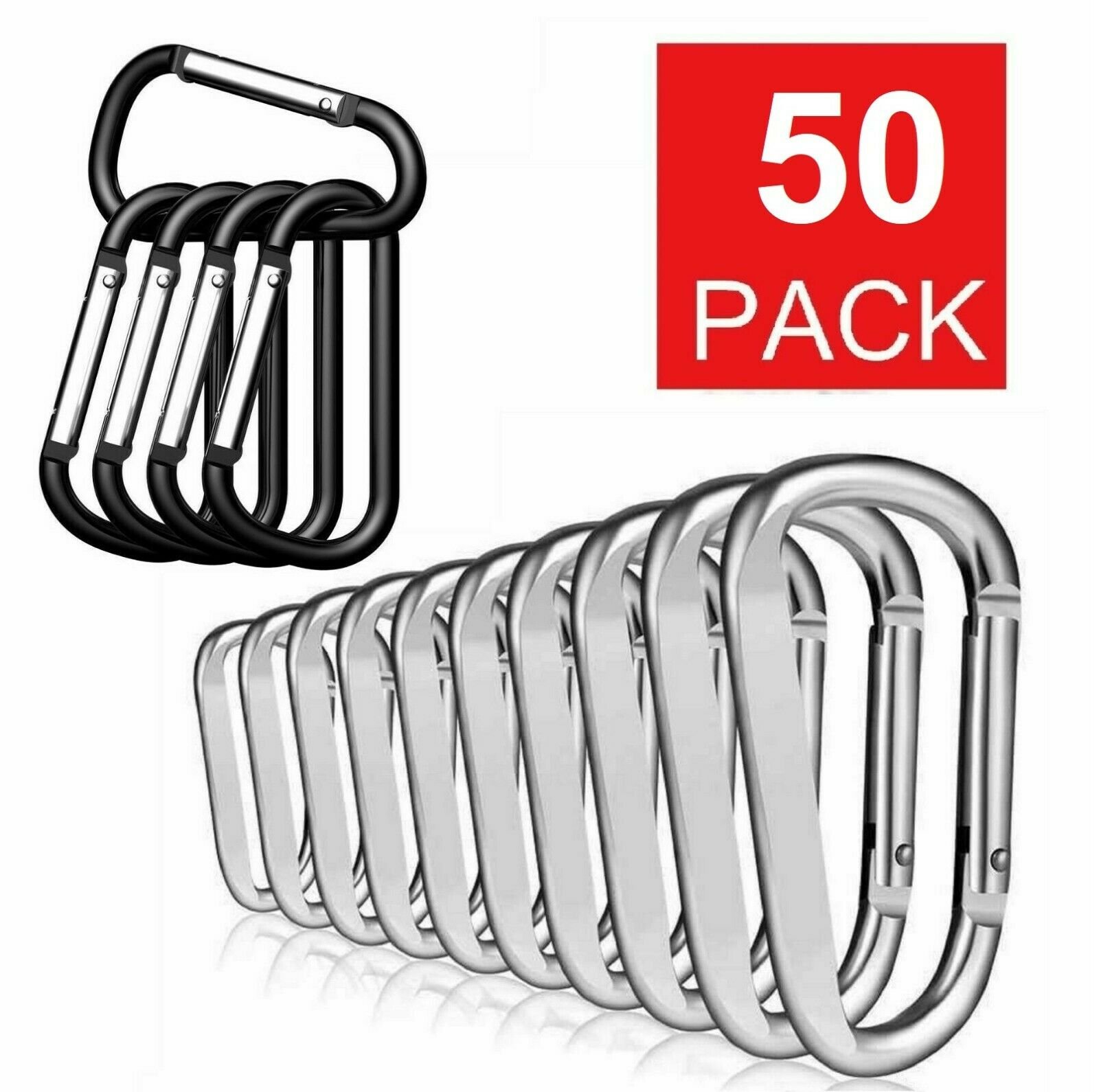 LOT 50 D SHAPED CARABINER SPRING BELT CLIP WITH RING 1-7/8" ALUMINUM 6 COLORS 
