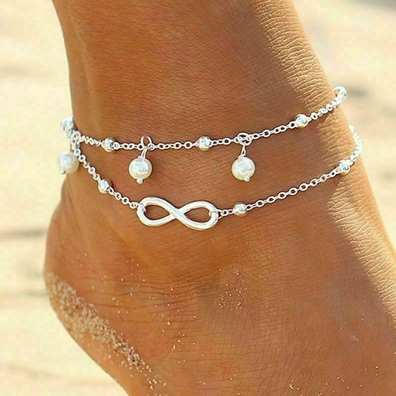 NEW Women Double Ankle Bracelet Silver Anklet Foot Jewelry Girl's Beach Chain US 