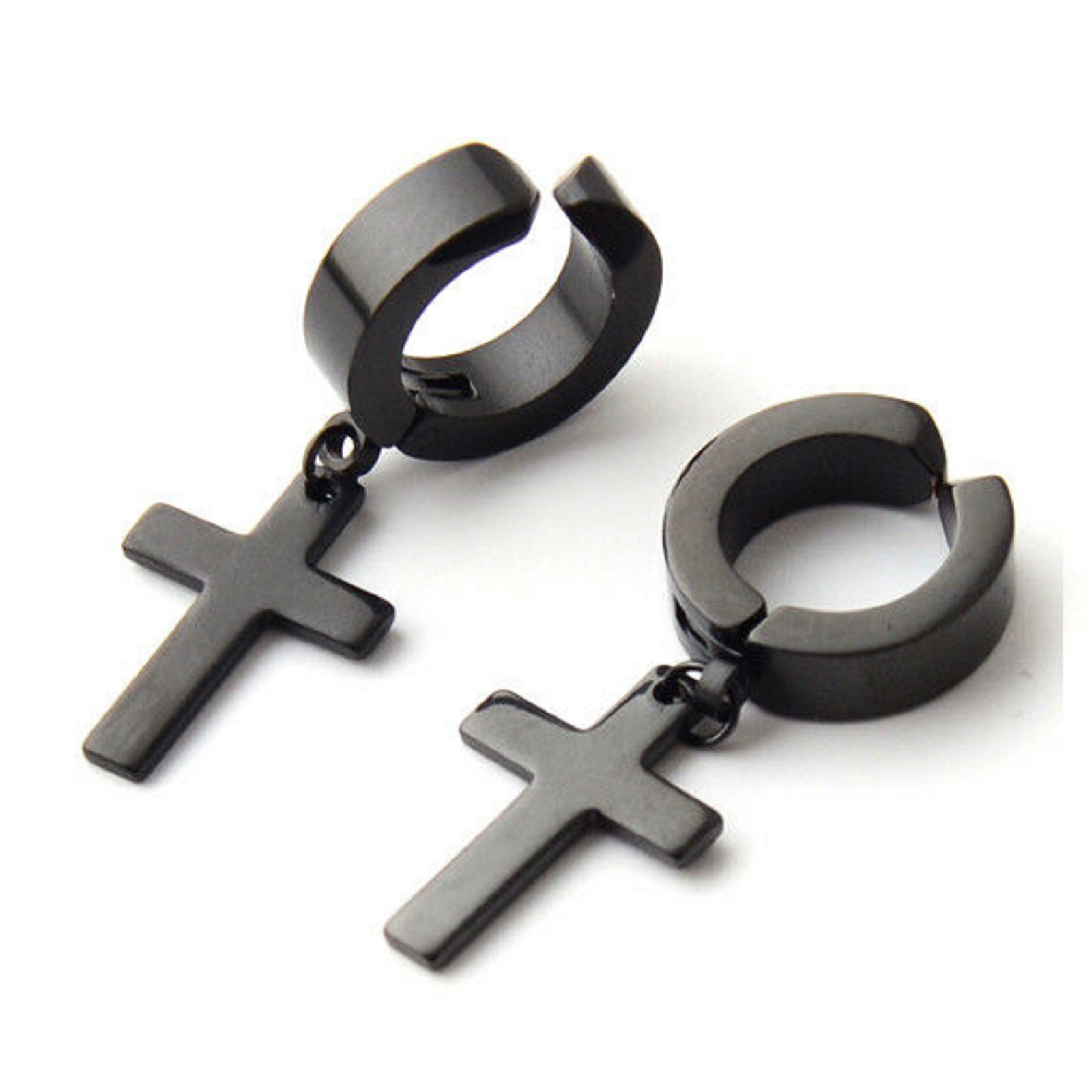 Men Women Stainless Steel Cross Dangle Hoop Clip on Earrings Non ...