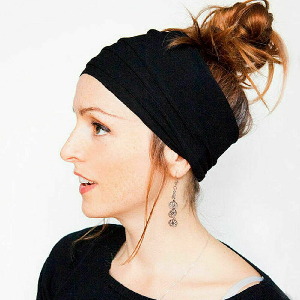 Women's Wide Yoga Headband Stretch Turban Elastic Hair Band Head Wrap Black 