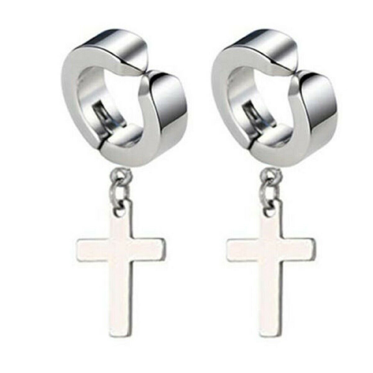 Men Women Stainless Steel Cross Dangle Hoop Clip on Earrings Huggie Non-Piercing - Picture 10 of 10