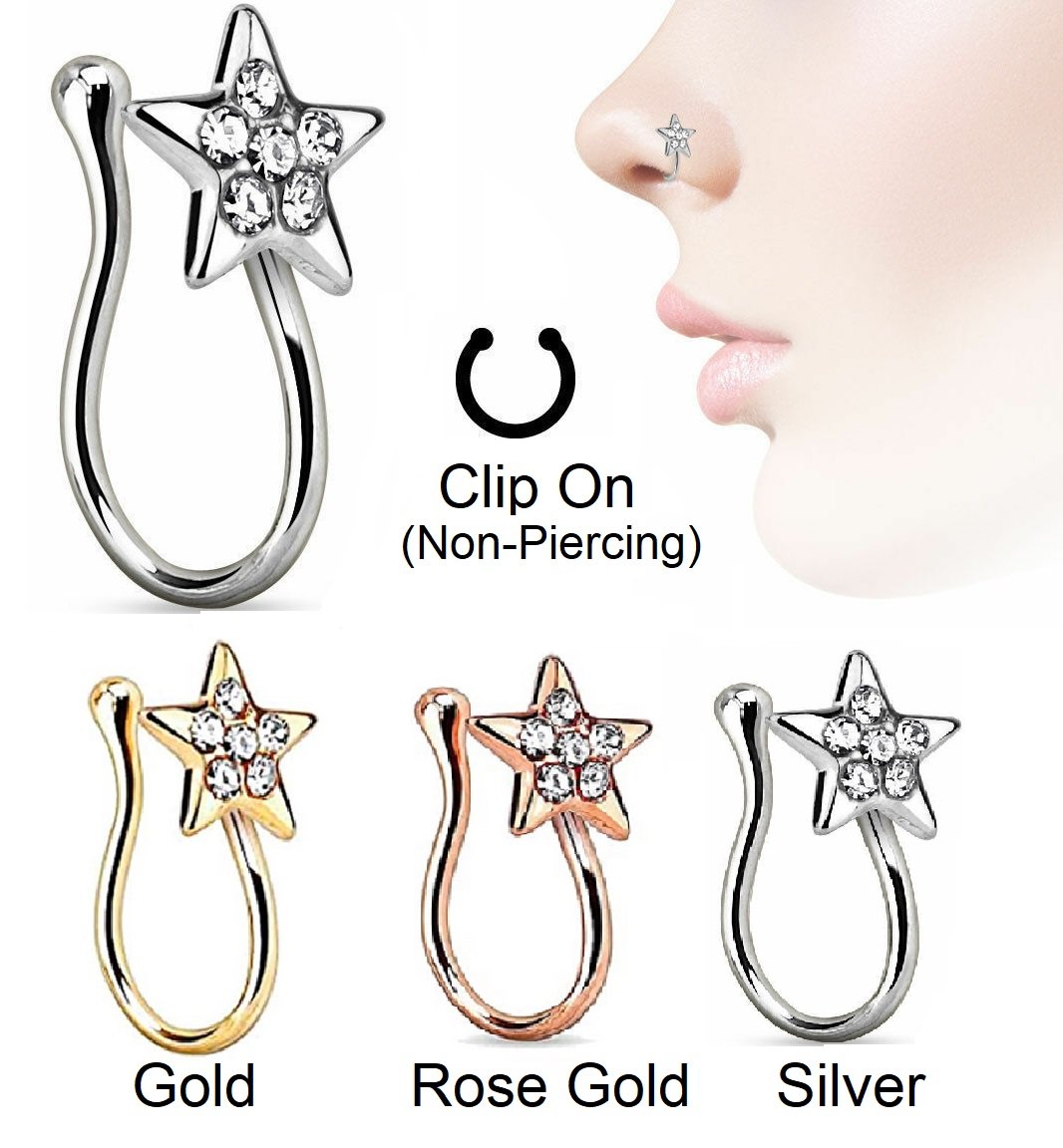 CZ Star Fake Nose Ring Hoop Septum Non No Piercing Rose Gold Steel Clip On