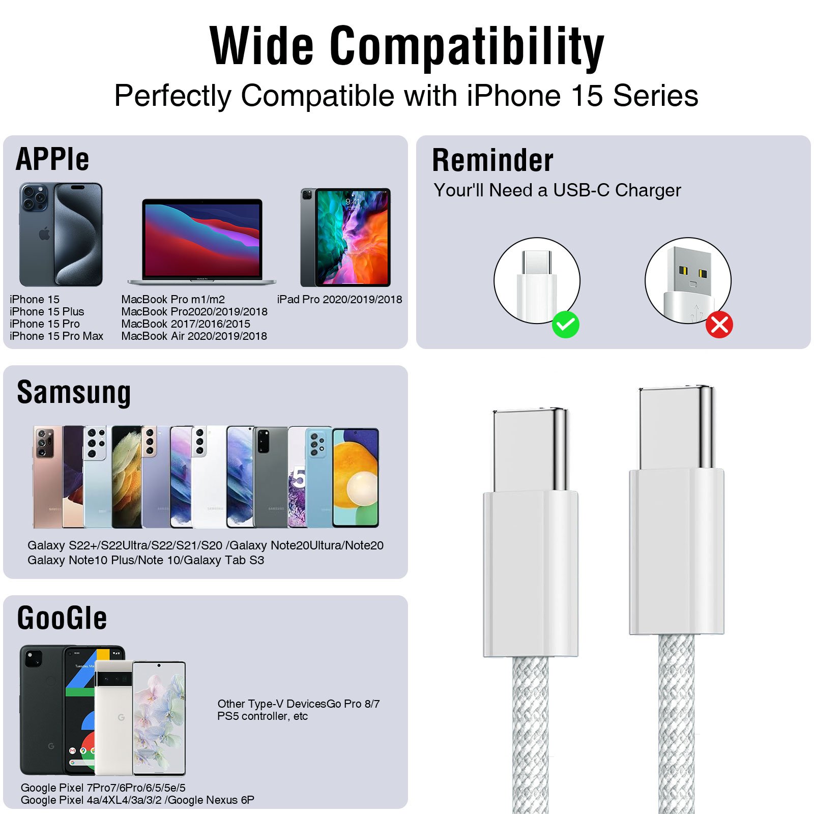 20W Fast Charger USB-C Type-C Power Adapter Cable For iPhone 15 Pro Max Plus