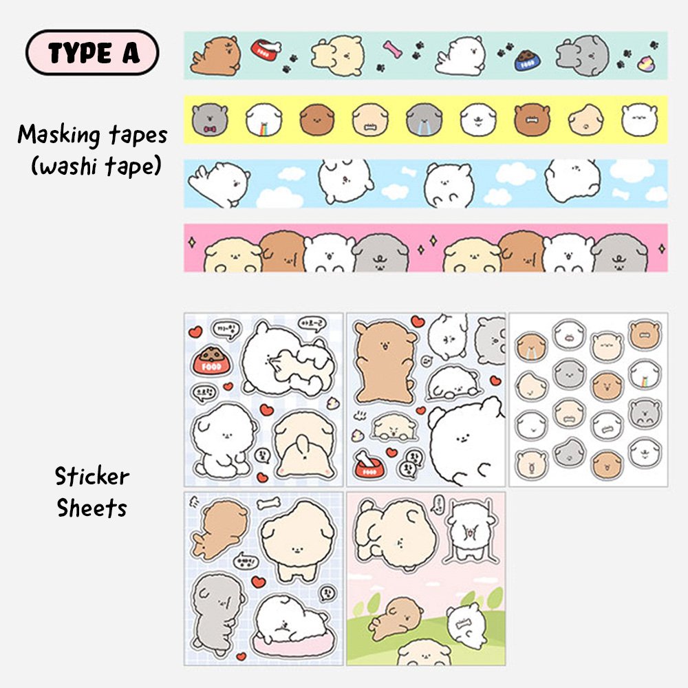 Soondeok Cute Animal Character Washi Masking Tape & Sticker Decoration Set -1Set