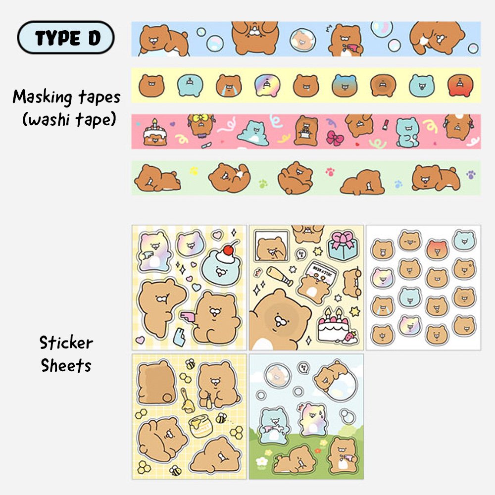 Soondeok Cute Animal Character Washi Masking Tape & Sticker Decoration Set -1Set