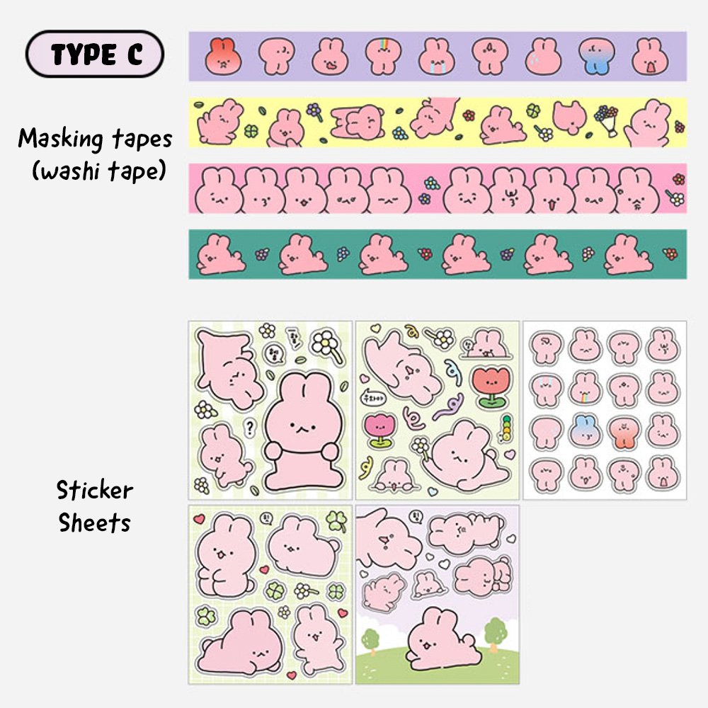 Soondeok Cute Animal Character Washi Masking Tape & Sticker Decoration Set -1Set