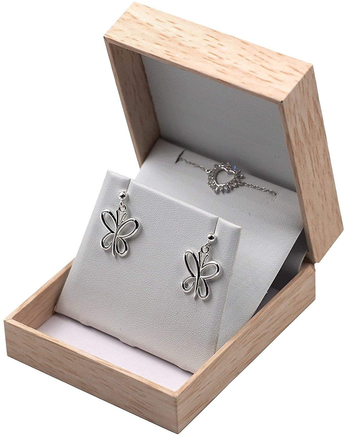Caja de joyería con patrón de madera natural con parte superior de inserto de arpillera para embalaje, regalo... - Imagen 11 de 16