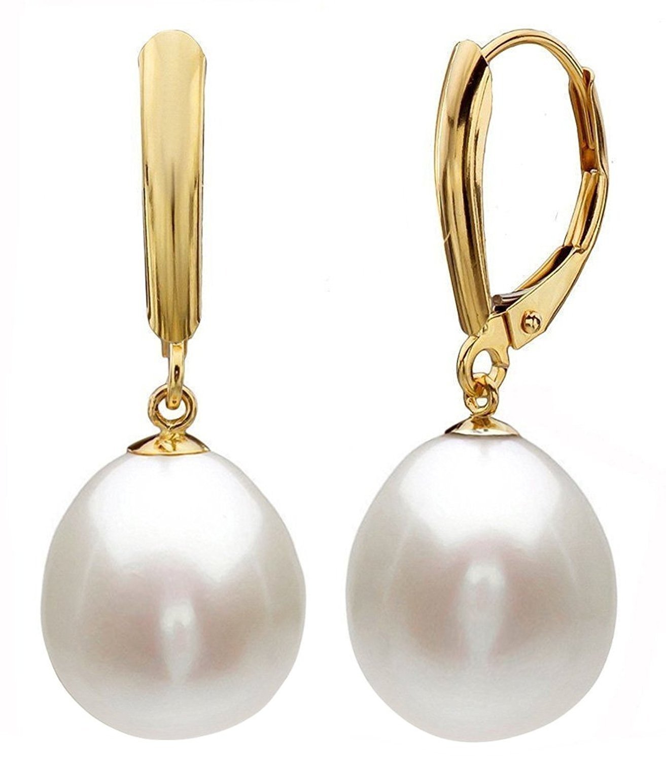 14k Gold Drop Pearl Earrings with Freshwater Cultured Pearls (Leverback