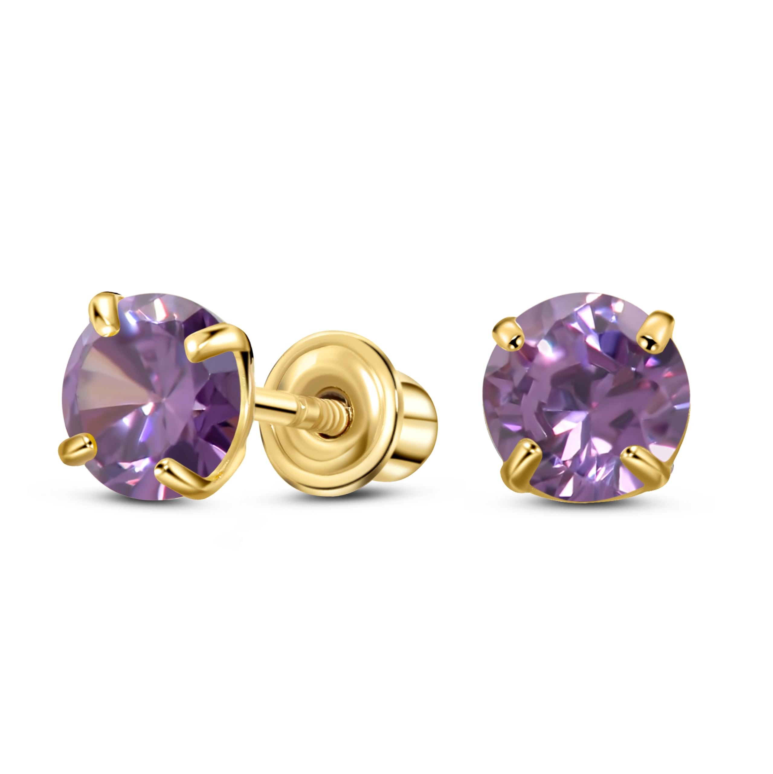 14K Yellow Gold Solitaire February Simulated Amethyst Stud Earring, Screw Back
