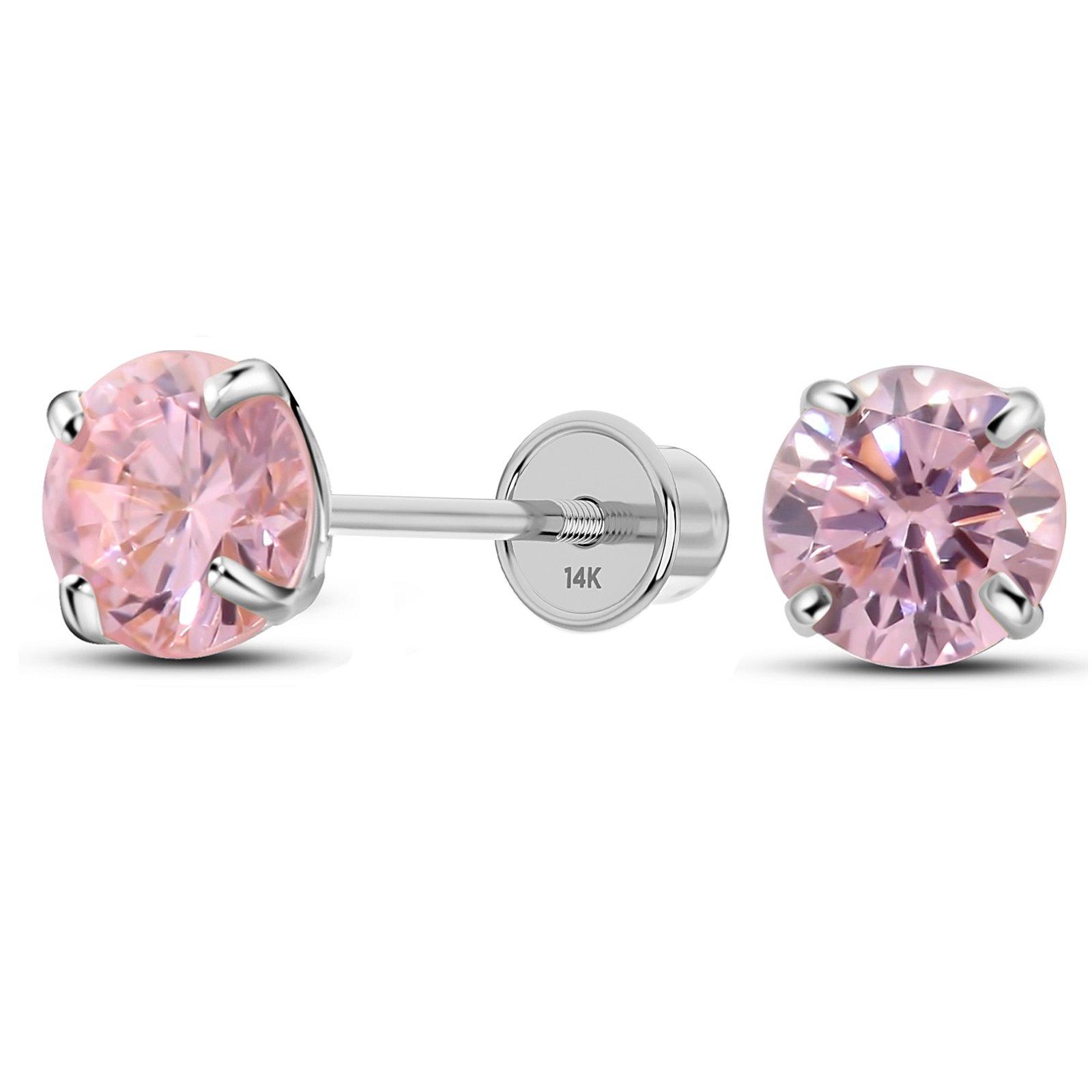 14K White Gold Solitaire October Simulated Tourmaline Stud Earring, Screw Back