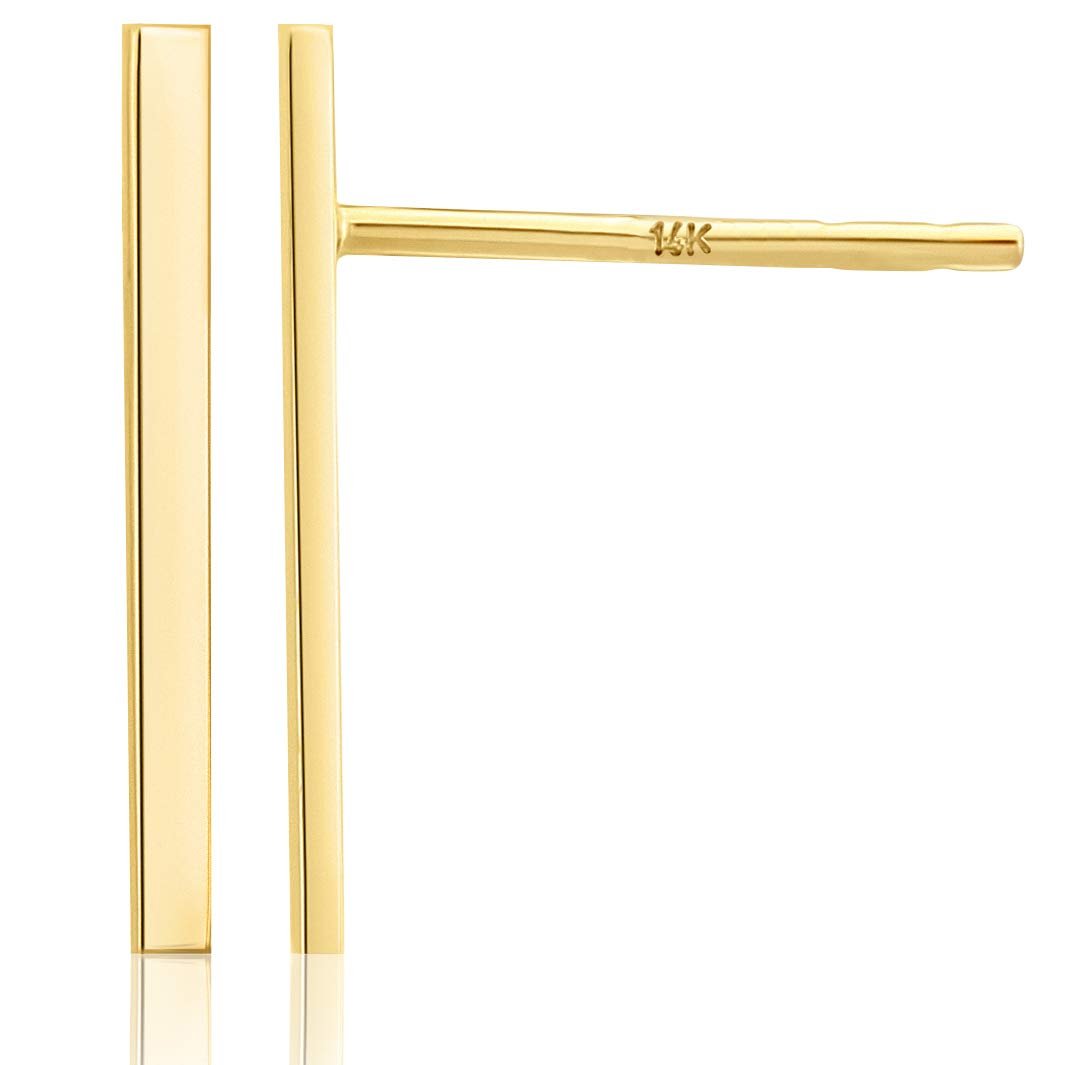 14k Yellow Gold Bar Line Polished Minimalist Statement Stud Earrings (30mm) - Picture 10 of 10