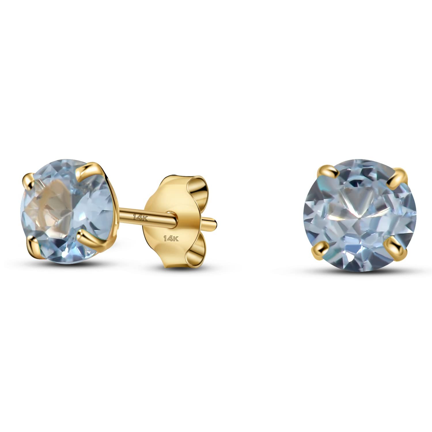 14K Yellow Gold Solitaire May Simulated Aquamarine Stud Earring, Push Back