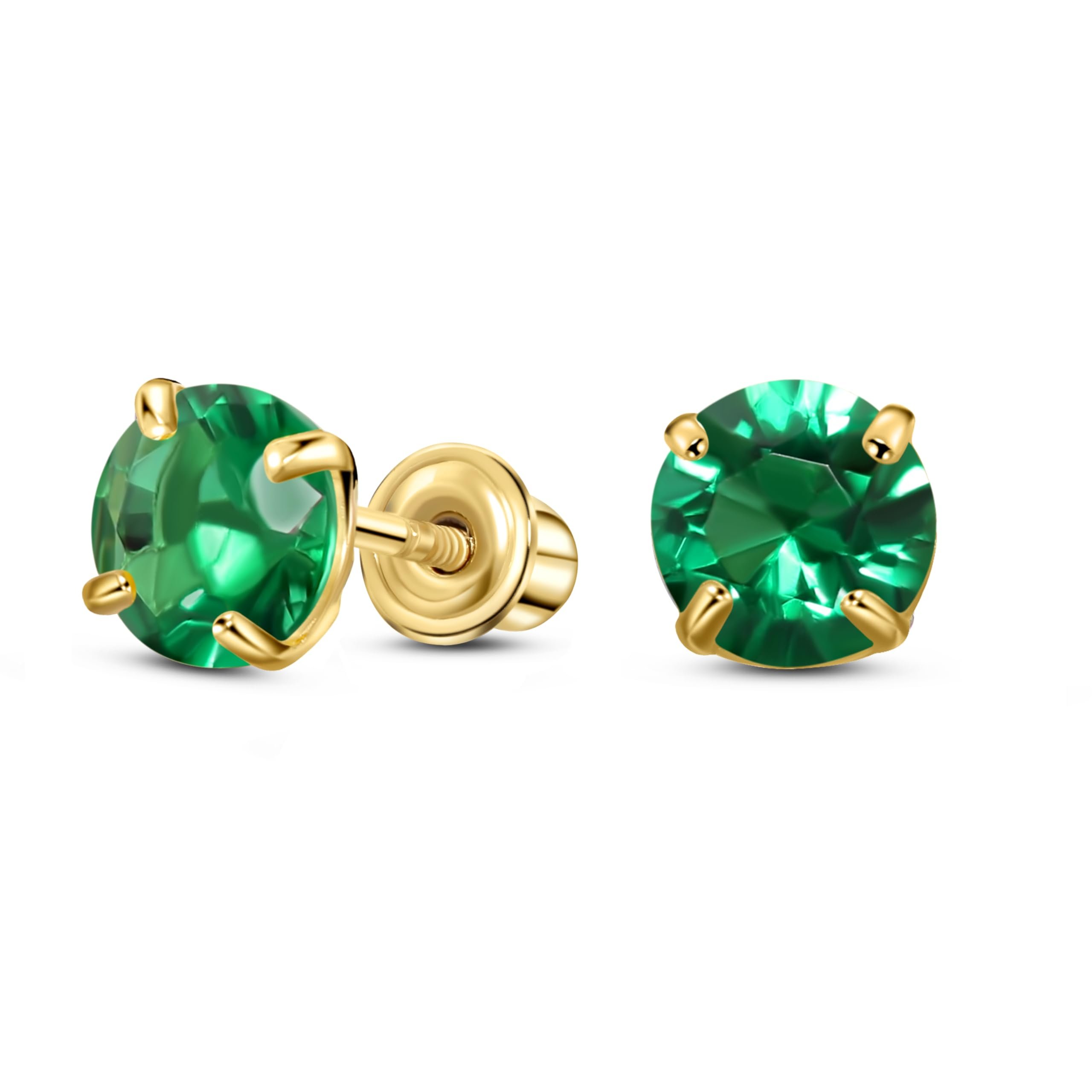 14K Yellow Gold Solitaire March Simulated Emerald CZ Stud Earring, Screw Back