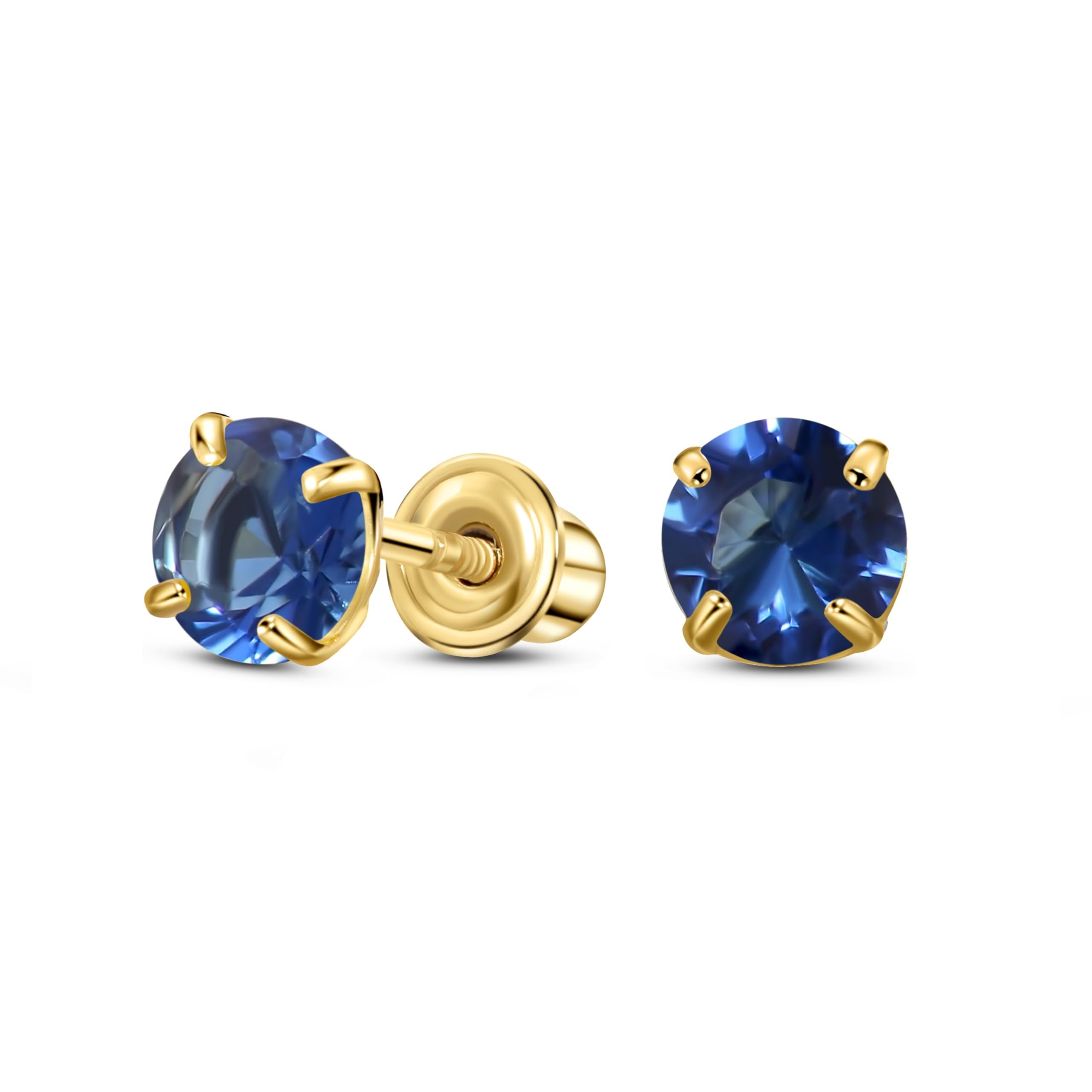 14K Yellow Gold Solitaire September Simulated Sapphire Stud Earring, Screw Back