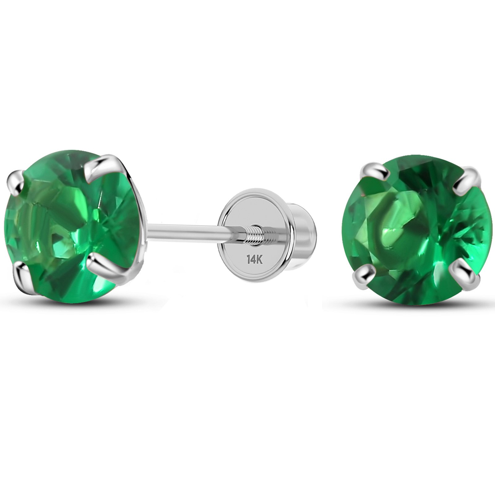 14K White Gold Solitaire March Simulated Emerald CZ Stud Earring, Screw Back