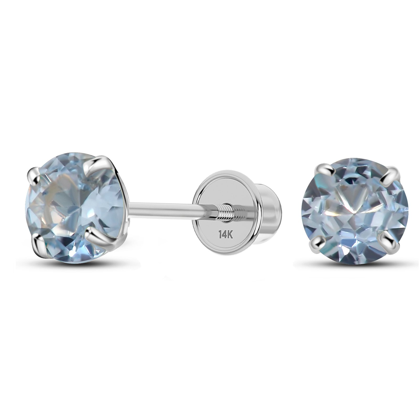 14K White Gold Solitaire May Simulated Aquamarine Stud Earring, Screw Backing