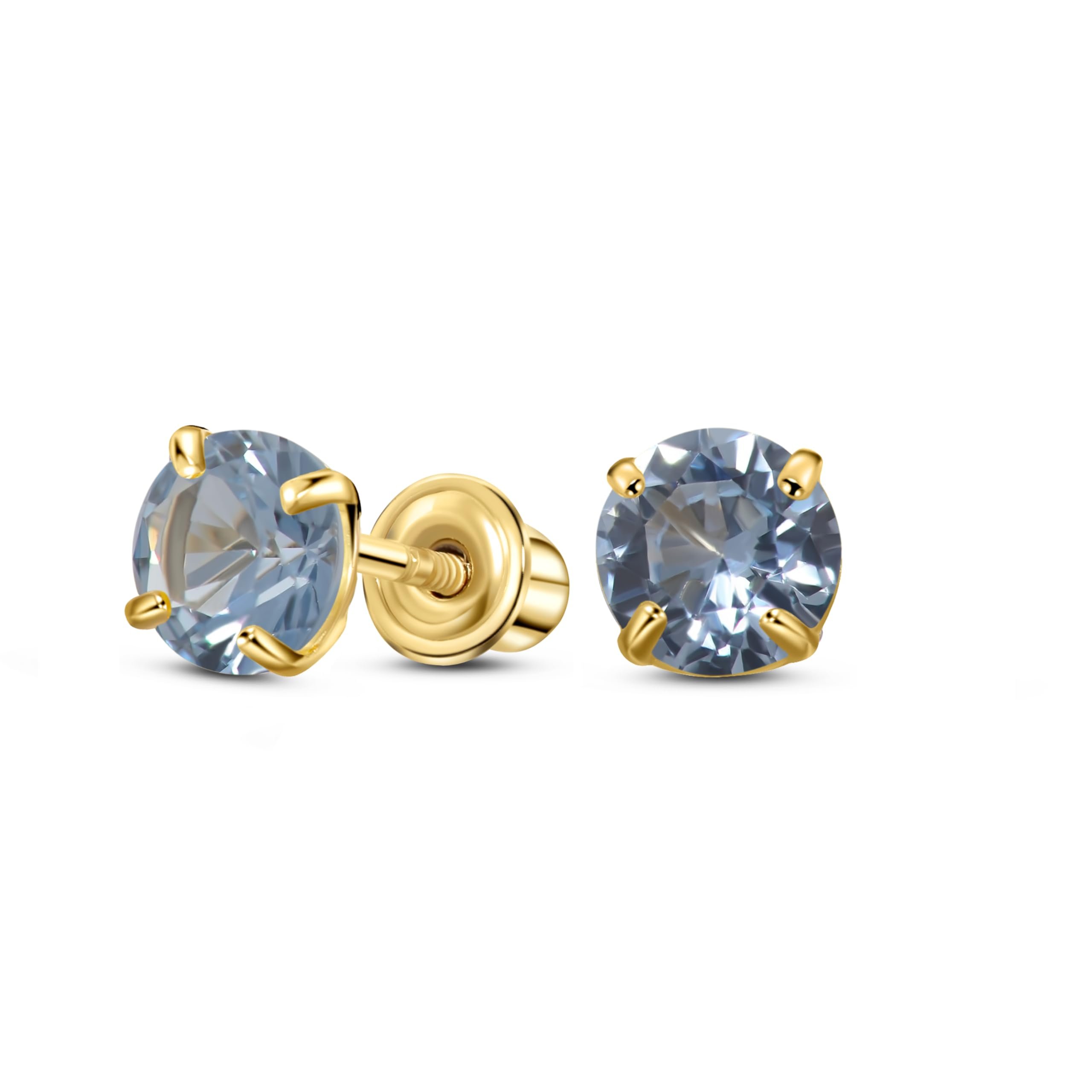 14K Yellow Gold Solitaire May Simulated Aquamarine Stud Earring, Screw Back