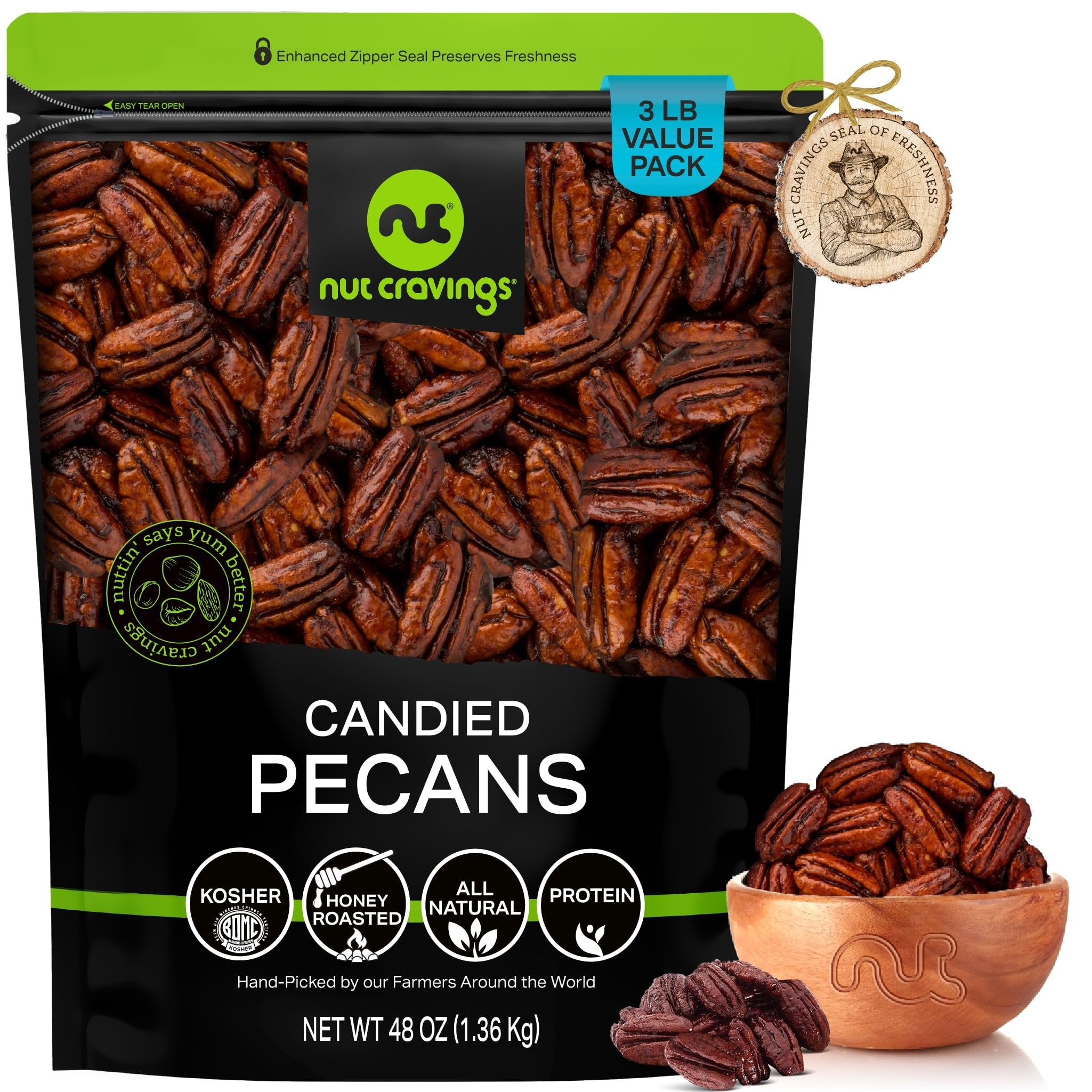Candied Pecans Honey Glazed Praline, No Shell, Premium All Natural Kosher - Picture 10 of 11