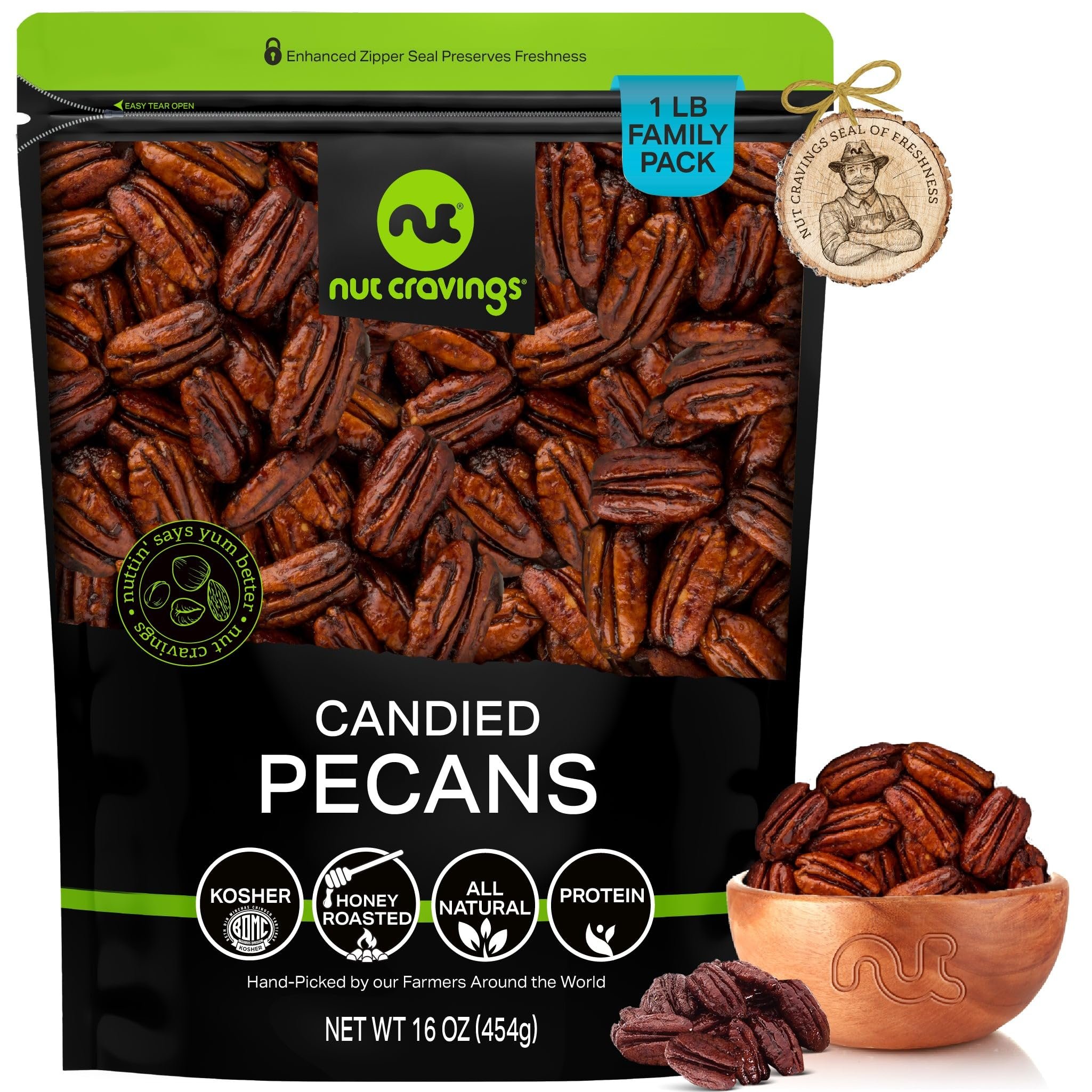 Candied Pecans Honey Glazed Praline, No Shell, Premium All Natural Kosher - Picture 8 of 11