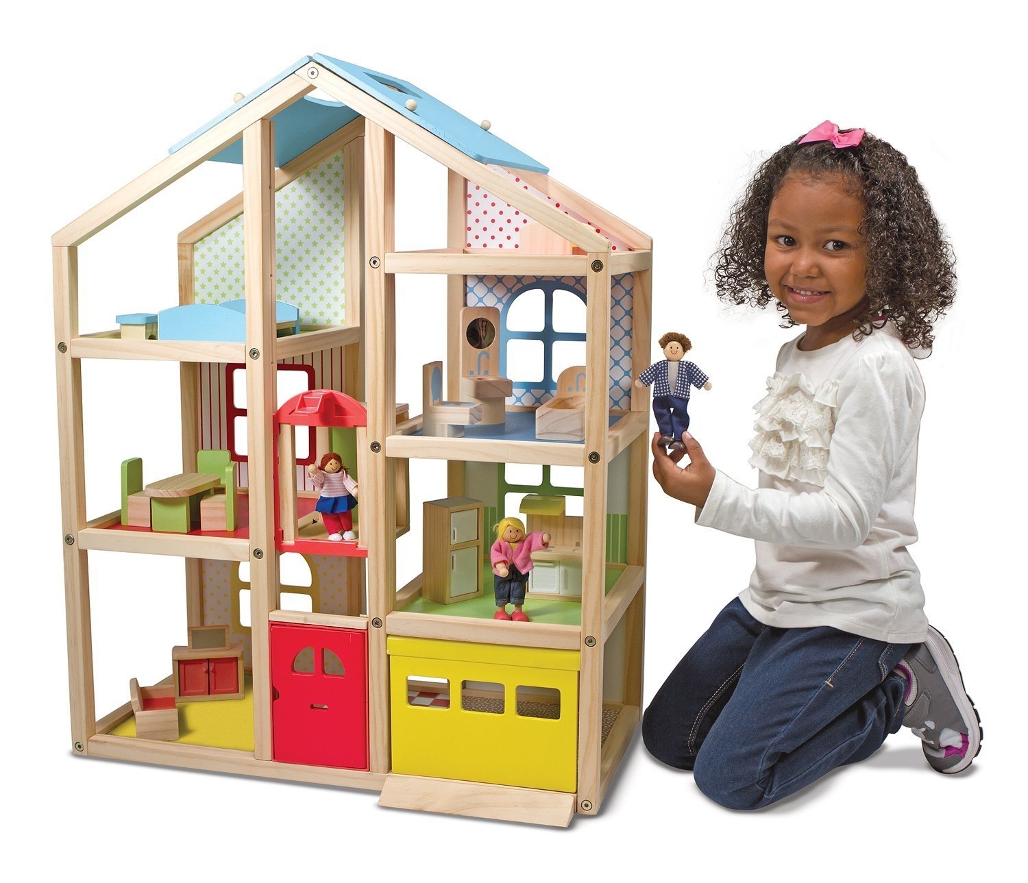 Melissa Doug Hi Rise Wooden Dollhouse With 15 Pcs Furniture