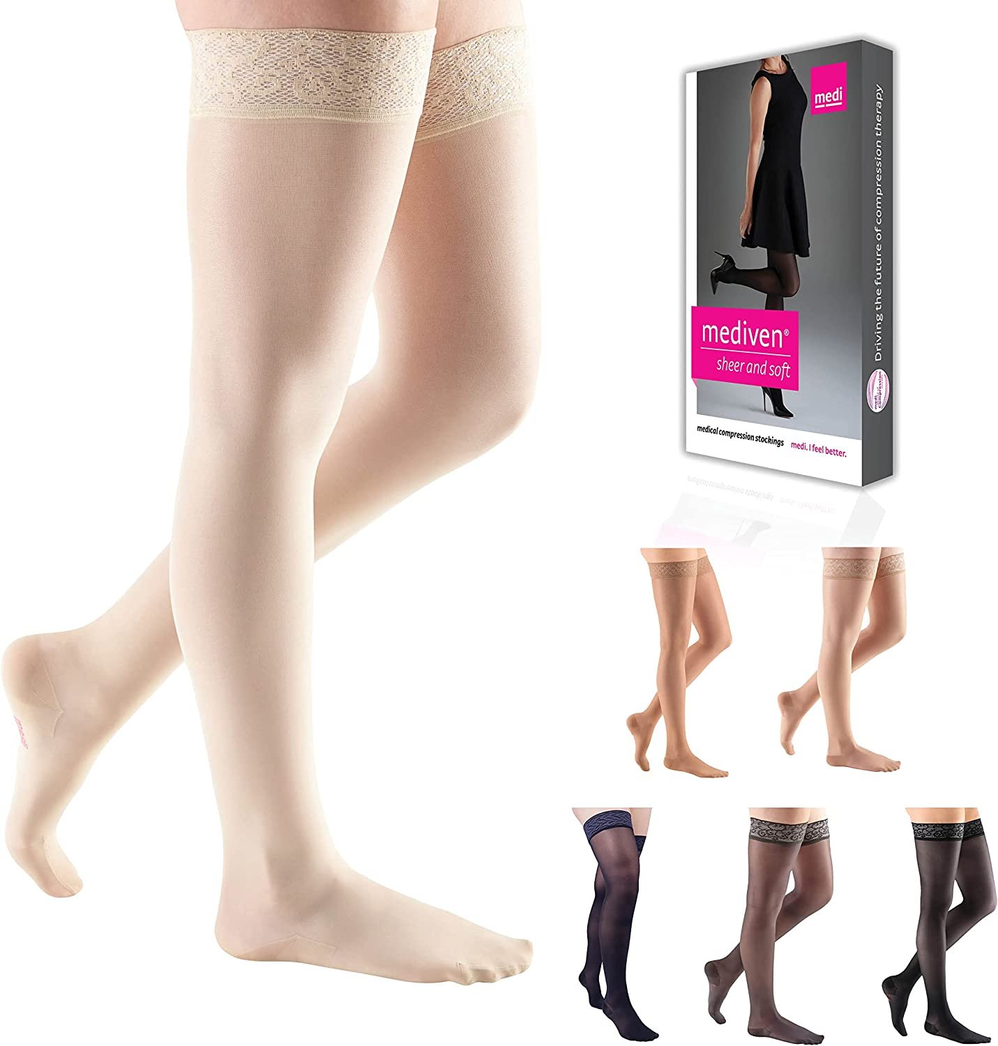 Mediven Sheer and Soft Thigh High w/ Silicone Lace Top Band Closed Toe  20-30 mmHg for sale online