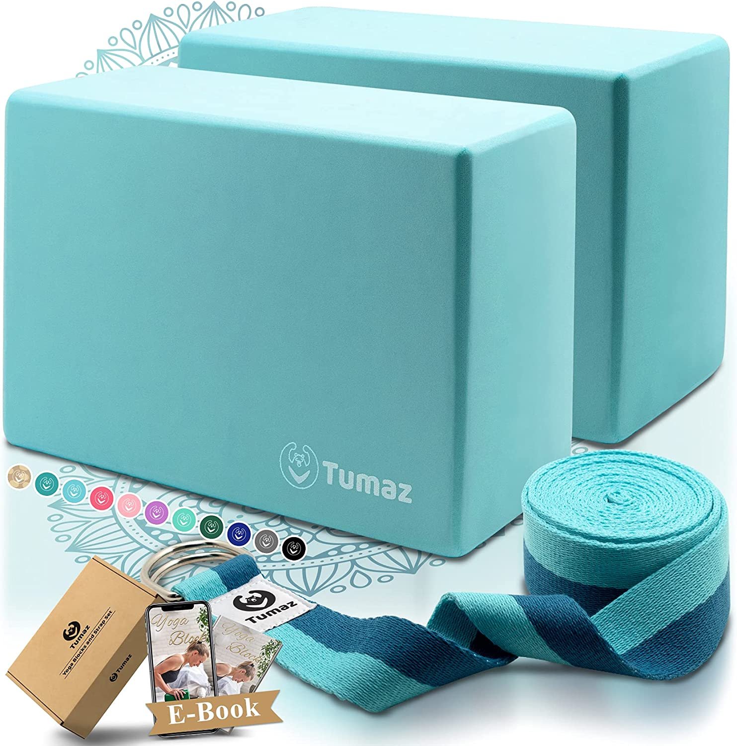 Tumaz Yoga Blocks 2 Pack with Strap Set, High Density/Lightweight