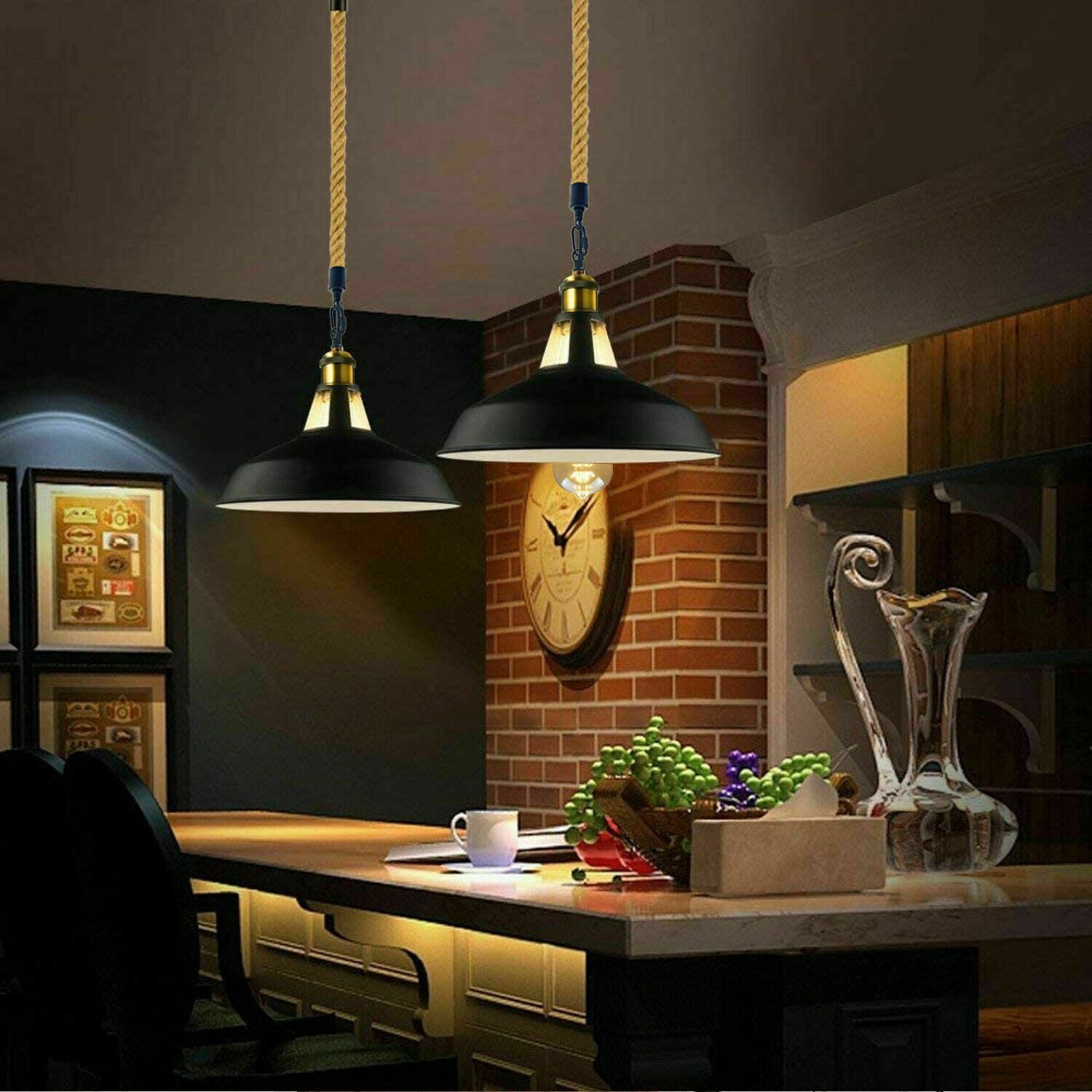 Vintage Industrial Ceiling Pendant Light Retro Style Metal Shade Black Hemp Lamp - Picture 26 of 27