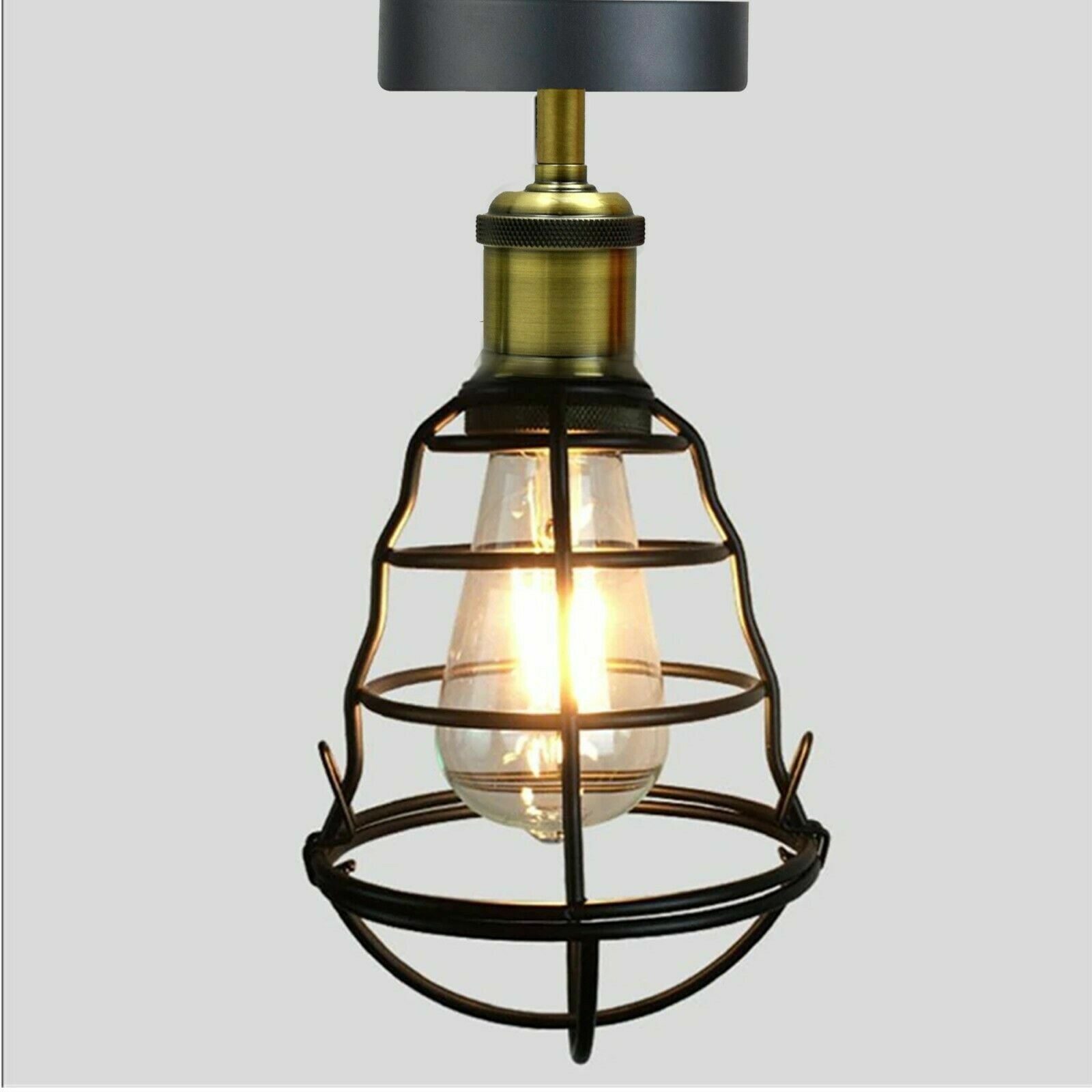 Vintage Black Wire Cage Ceiling Lamps Flush Mount Industrial Metal Pendant Light - Picture 17 of 27