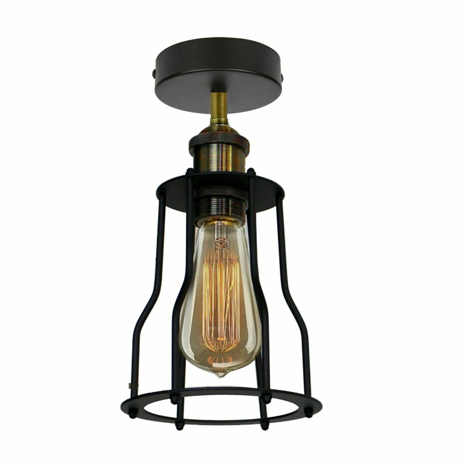 Vintage Black Wire Cage Ceiling Lamps Flush Mount Industrial Metal Pendant Light - Picture 26 of 27
